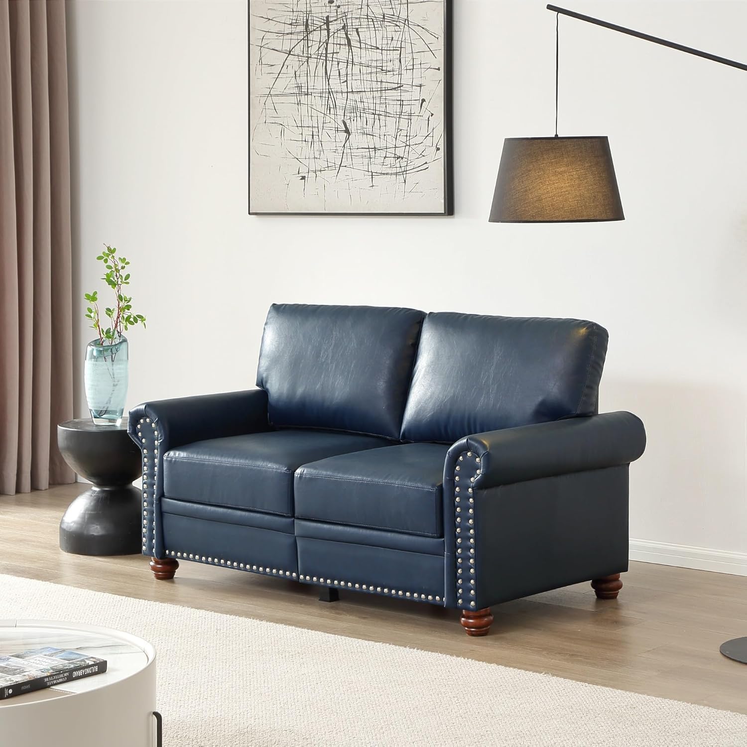 Mid-Century Modern Faux Leather Living Room Sofa Set with Rivet Trim, Solid Wood Frame and Legs - Single, Double, Triple, 2+3 Seater, 1+2+3 Seater, 4 Color Options (Navy Blue, 2 Seater)
