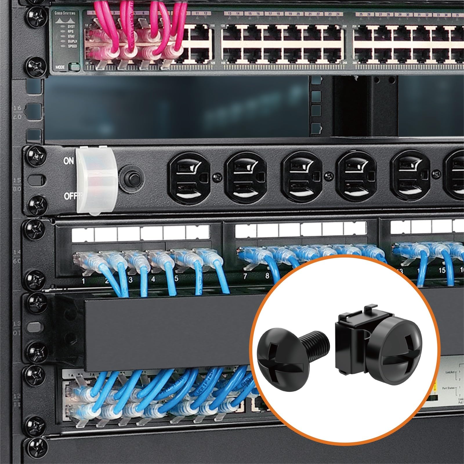 Tecmojo Zestaw śrub klatkowych M6 × 12 mm do szaf sieciowych - panel krosowy do szaf serwerowych 19 cali 10 cali zestaw montażowy stal - czarny (25)