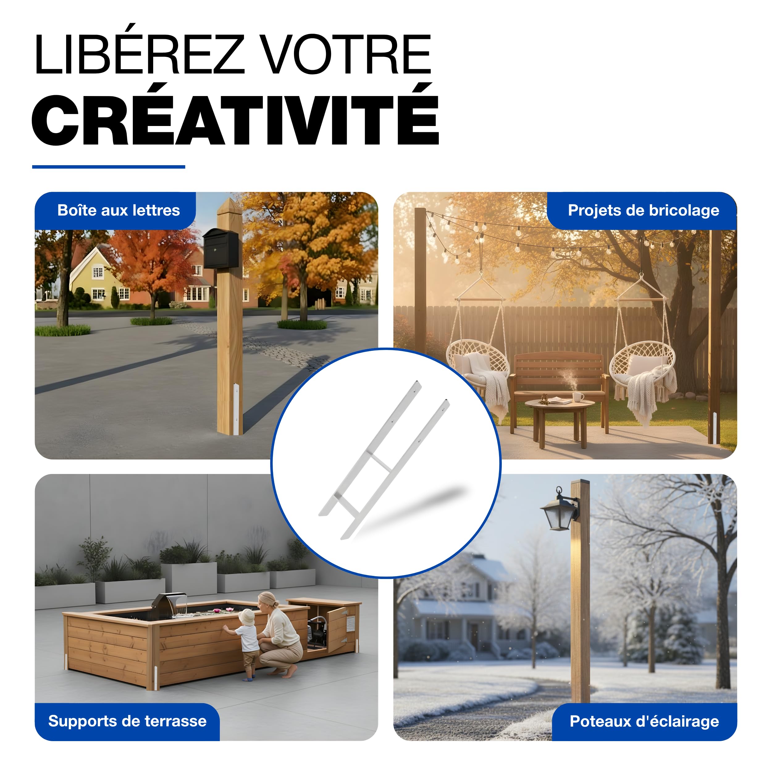 GeZu Impex Support de poteau H 121 x 800 mm | Galvanisé à Chaud Ancre platine bois Pied poteaux clôture