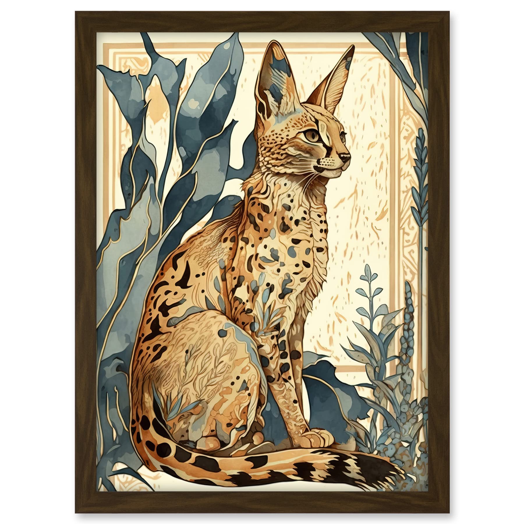 Artery8 Serval Cat with Teal Plants Watercolour Portrait Modern Illustration Artwork Framed A3 Wall Art Print