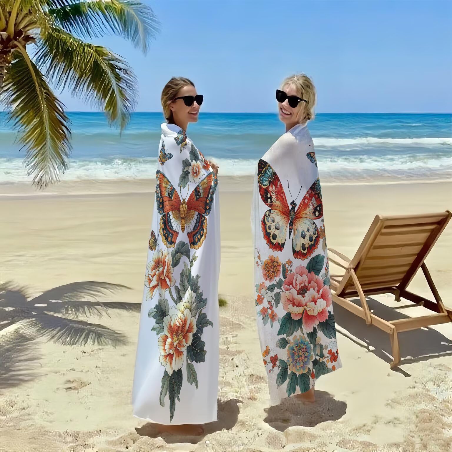 Ręcznik plażowy motyl duży 90 x 200 cm Zestaw 2 sztuk, kwiatowy ręcznik z mikrofibry chłonny szybkoschnący przeciw piaskowaniu prześcieradło plażowe z zapięciem na zatrzask do basenu, podróży, sauny