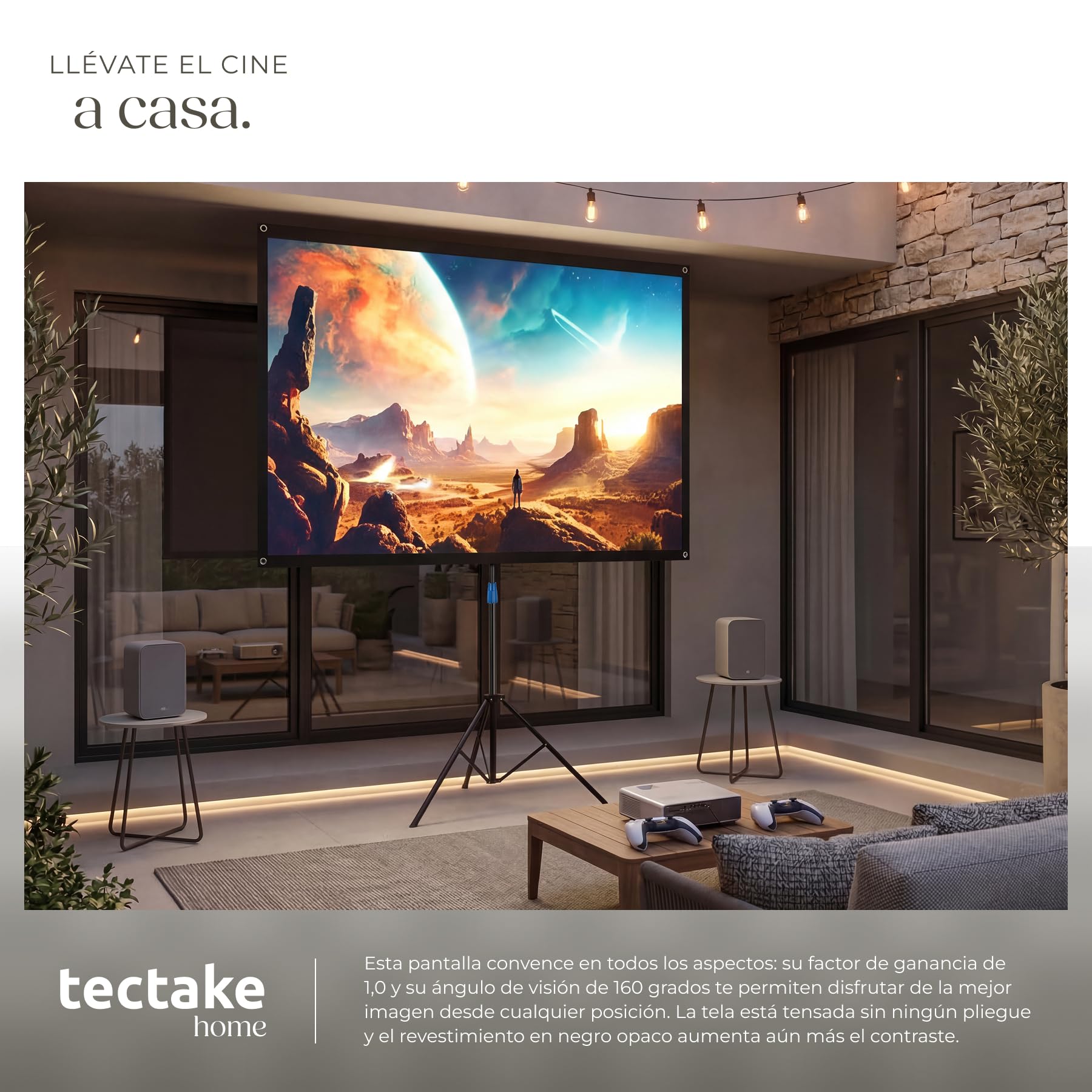 tectake® Pantalla Proyector Portatil 80 Pulgadas 16:9 Compatible con 4K, Ultra HD, Full HD, con Trípode Regulable, Pantalla Proyector Enrollable con Tela sin Arrugas - 77 x 184 x 204 cm
