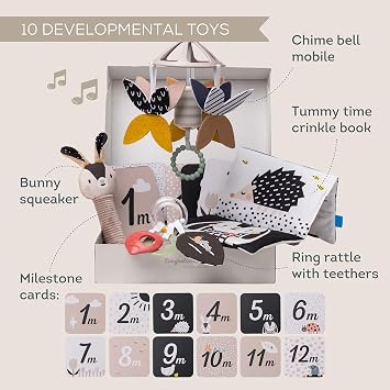 Taf Toys High Contrast Black and White Baby Toys Kit - 10 Developmental Infant Toys for Newborn - Sensory & Tummy Time Toys - Includes Crinkle Book, Rattle, Milestone Cards - BPA, Phthalate, PVC-Free