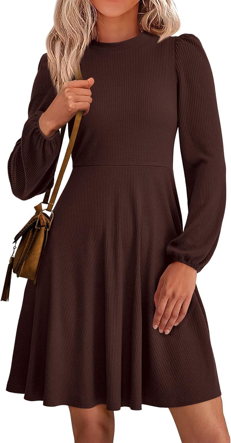 PRETTYGARDEN Womens Long Sleeve Mini Dress 2026 Fall Trendy Crewneck Ribbed Knit Soft A Line Flowy Summer Formal Dresses