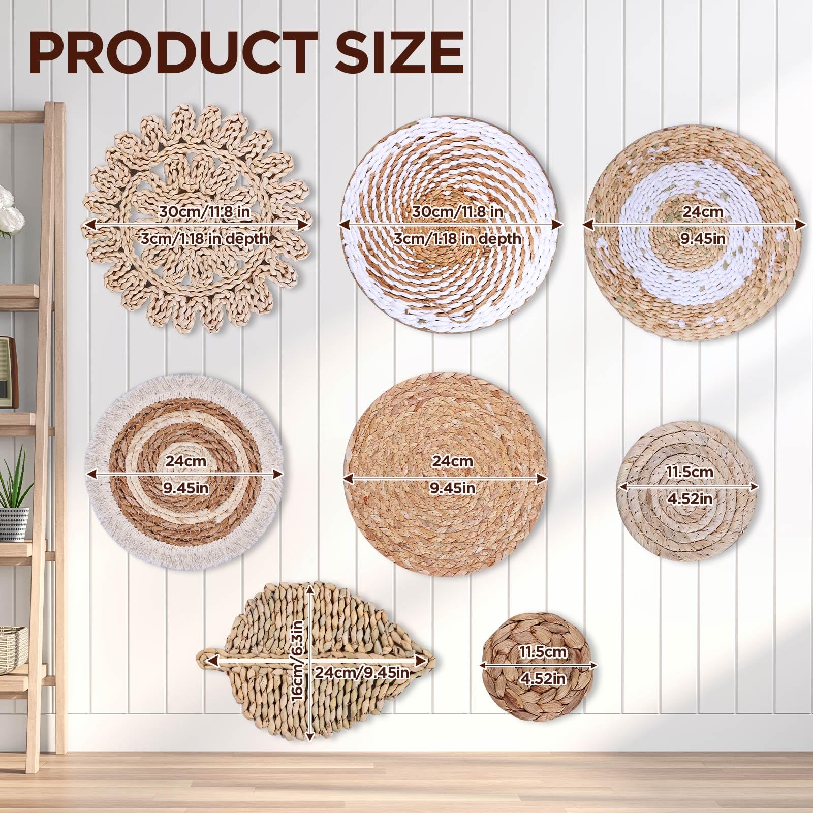 Set di 10 cestini da parete in stile boho, rotondi, rustici, intrecciati, fatti a mano, per camera da letto, soggiorno, tavolo da pranzo (10)