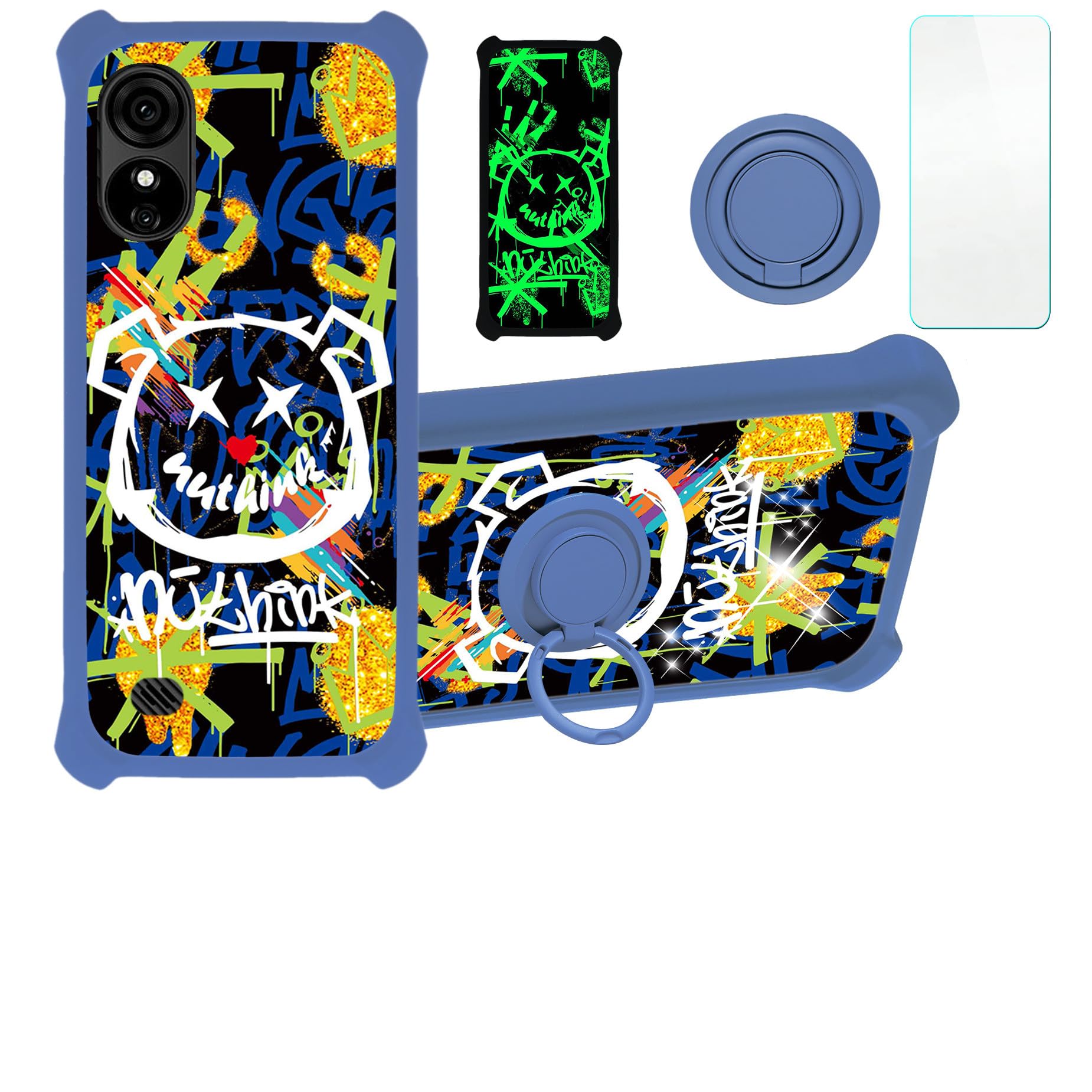 BLU G33 Case Compatible with BLU G33 Phone Case Cover [with Tempered Glass Screen Protector][Ring Support][Gold Glitter+Luminous] JSL-TYX