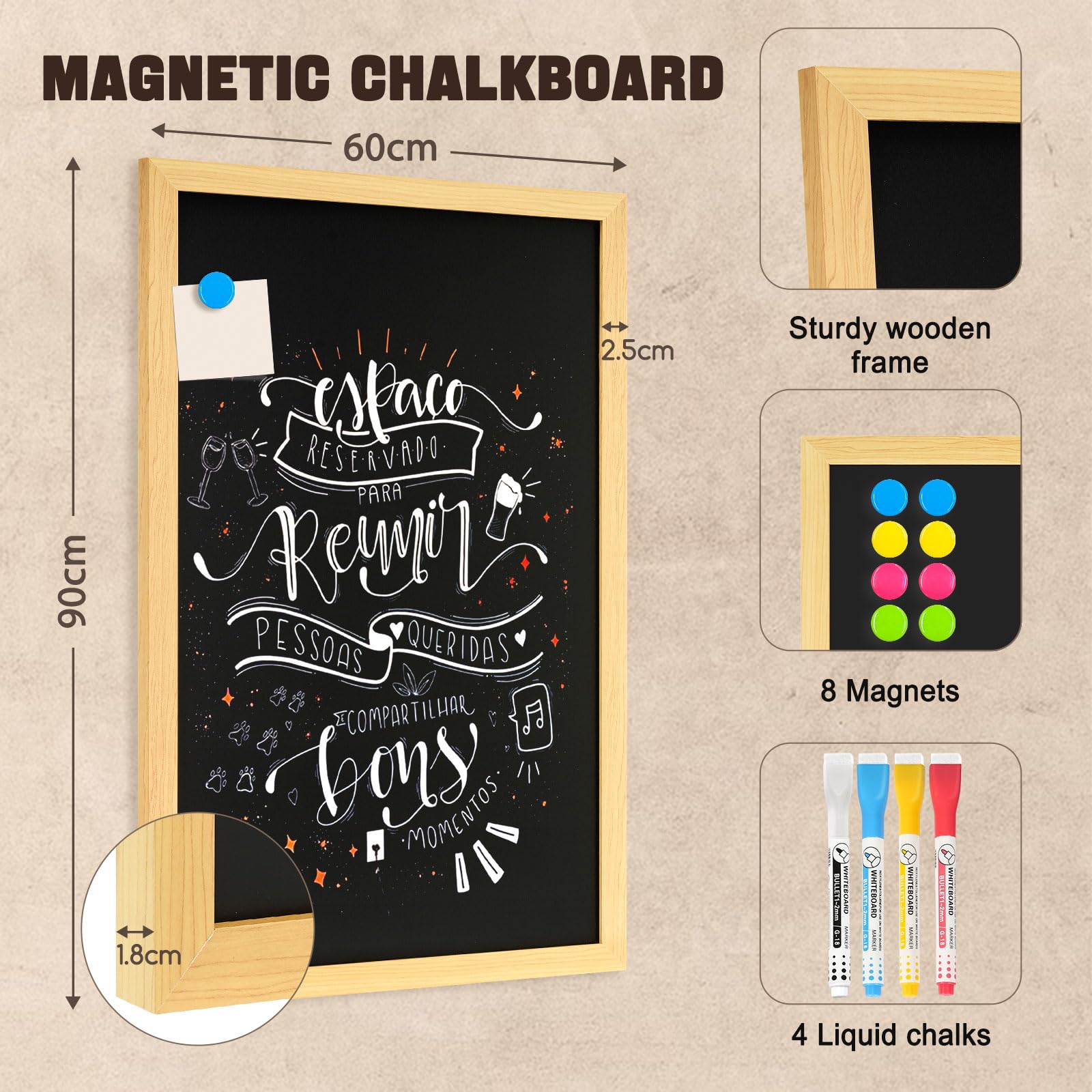 DOLLAR BOSS Lavagna magnetica da parete, 60 x 90 cm, lavagna per bar, cucina, caffetteria, ufficio, cornice rifinita con venature del legno chiaro