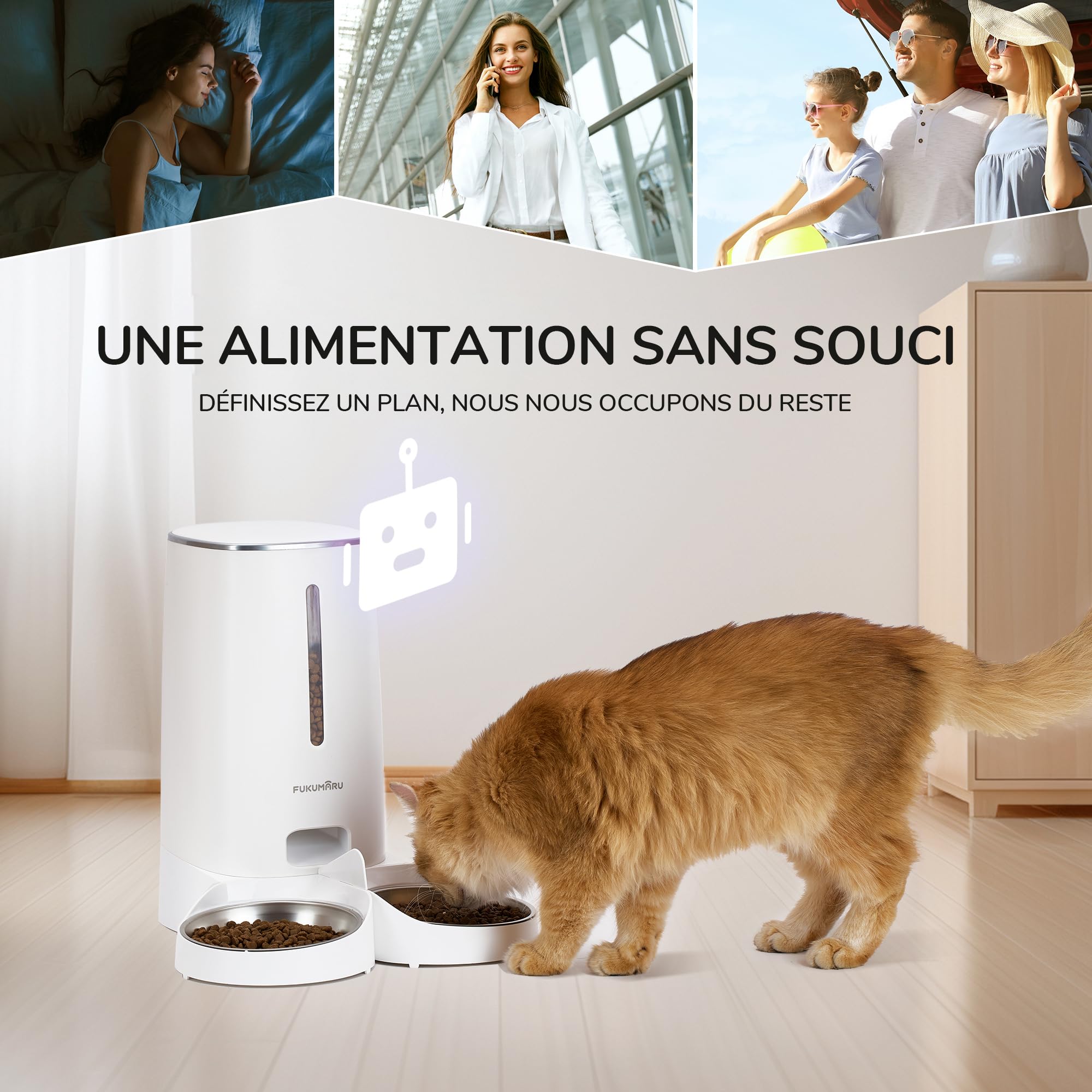 FUKUMARU Distributeur Croquettes Chat Automatique, 4L Distributeur Croquettes pour Chiens et Chats avec 2 Bols en Acier Inoxydable, 10 Repas par Jour et Contrôle de la Minuterie
