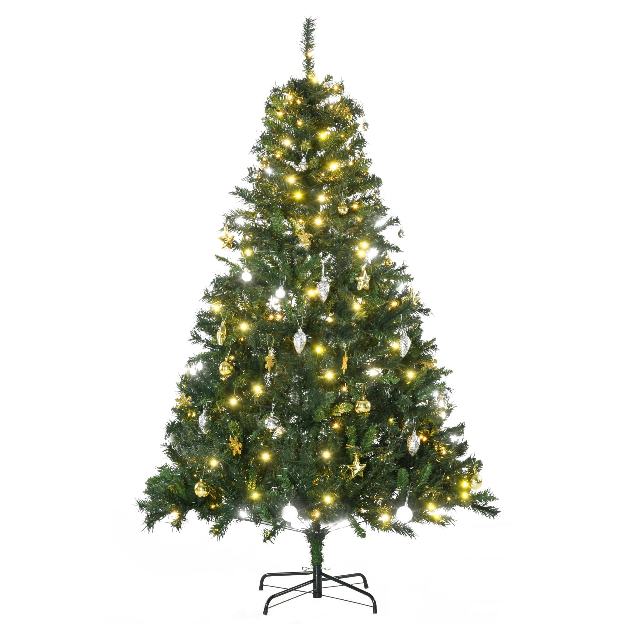 HOMCOM Árbol de Navidad con Luces LED Árbol Artificial Ø112x180 cm Verde | 180 cm, 745 Ramas, Bolas Adornos, Soporte de Metal