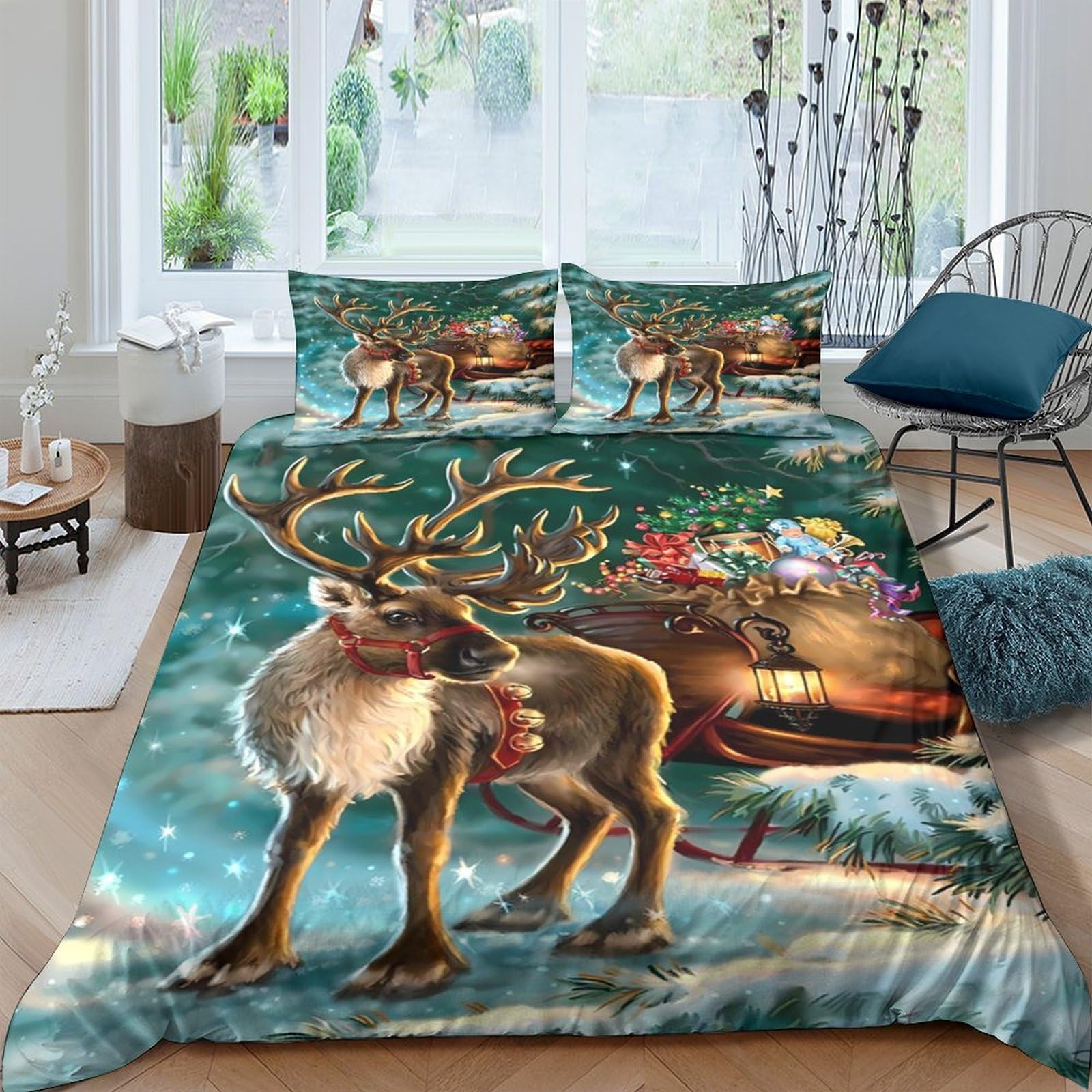 Ctjqhvkz Style-3 3D Printed Christmas Reindeer Fitted Sheet Microfiber Soft Bed Cover Santa Sleigh For Bedroom Guest Room Decor Single（135X200cm）