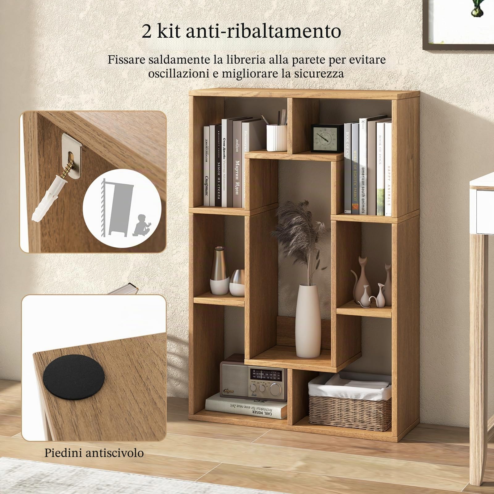 HOMASIS Libreria da Parete con 7 Cubi, Libreria Divisoria Ambiente con Protezione Antiribaltamento, Scaffale Geometrico Decorativa per Soggiorno, Studio, 60 x 20 x 90 cm (Naturale)