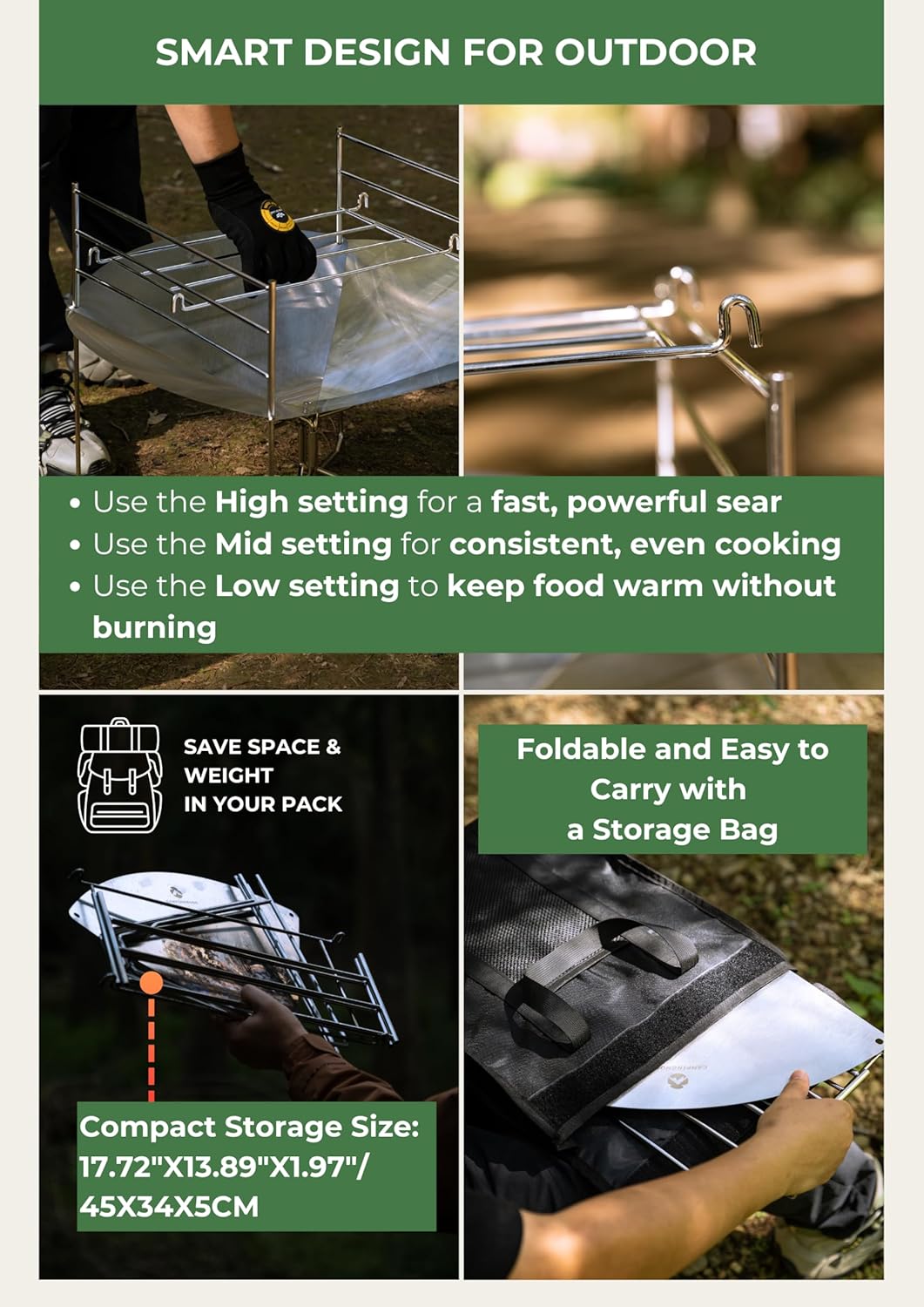 CAMPINGMOON Portable Fire Pit 22 Inch Large Round Lightweight Foldable Overland Group Camping Outdoor Solo Grill Carry Bag Solo-A3