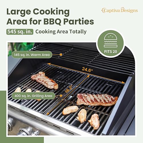 Miniatura 3 de Captiva Designs Parrilla de barbacoa de gas propano de 4 quemadores con quemador lateral y rejillas de hierro fundido esmaltado de porcelana, salida