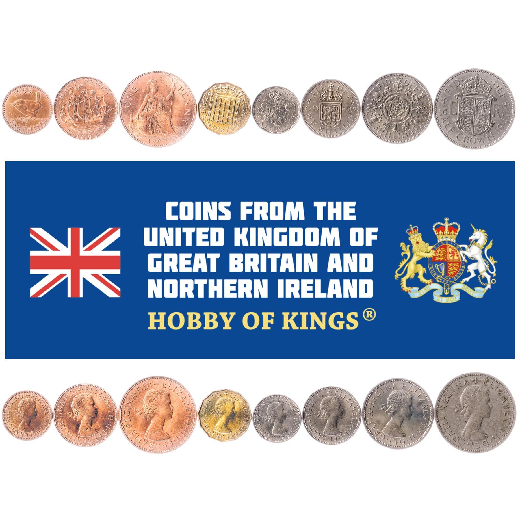 Hobby of Kings 8 monedas de Reino Unido | Colección de monedas británicas 1 Farthing 1/2 1 3 6 peniques 1 2 chelines media corona | 1954-1970 | Isabel II | Wren | Barco | Rosa | Britannia