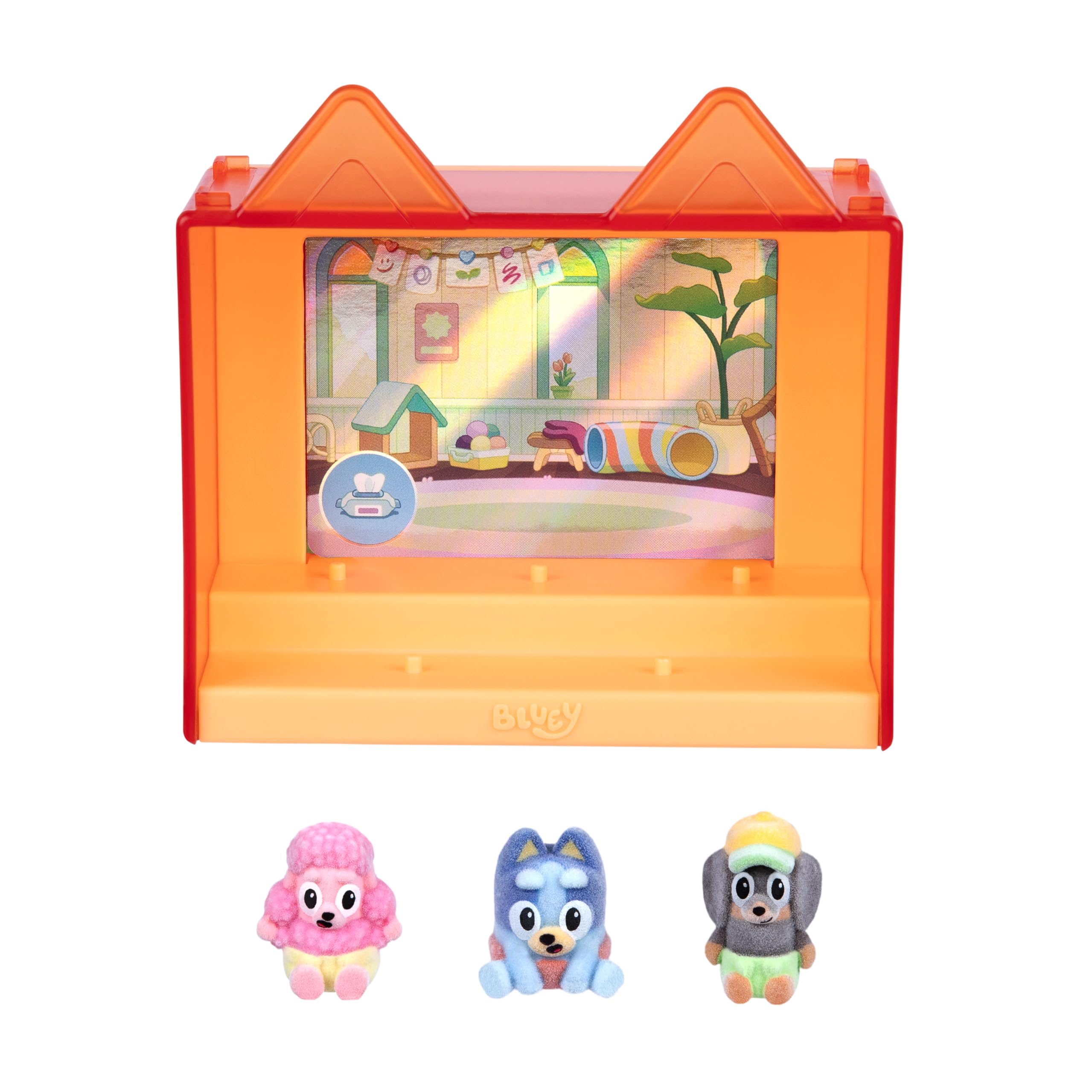 Bluey Fuzzies Episode Pack: Baby Race. With 3 Specially Flocked Collectible Mini-Figures (Incl. 1 Exclusive), Display Case