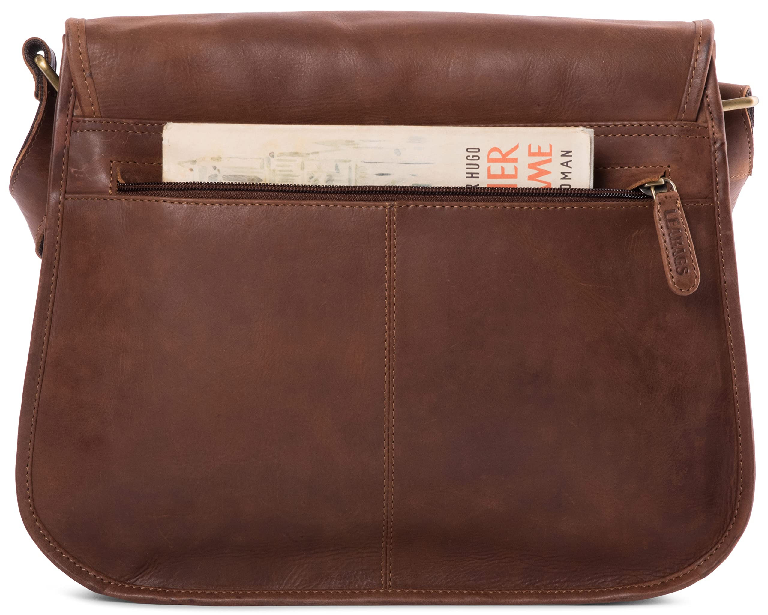 LEABAGS Leder Handtasche Damen I Premium Echtleder Umhängetasche I Damen Schultertasche I Damentasche I Tragetasche für Arbeit Uni Schule Freizeit I Größe L (32 x 31 x 9 cm) I Nature Hellbraun