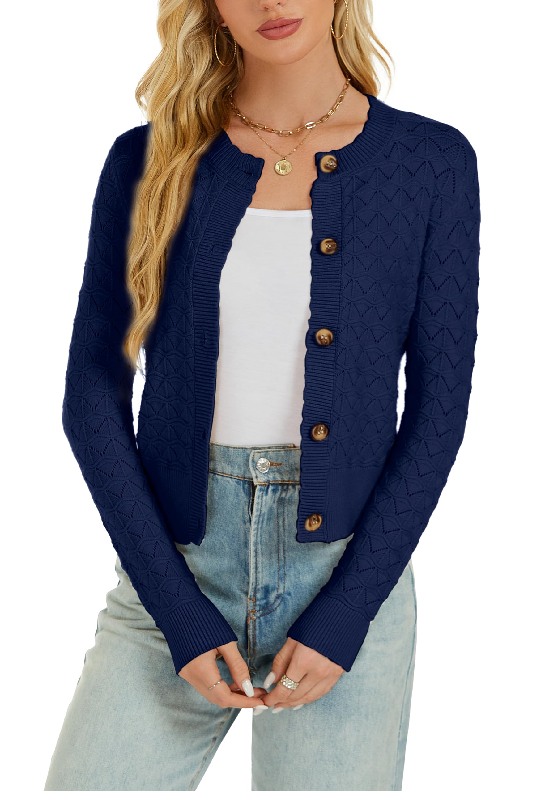 Womens Long Sleeve Cropped Knitted Sweater Cardigan Button Down Open Front Knitted Shrug Sweaters