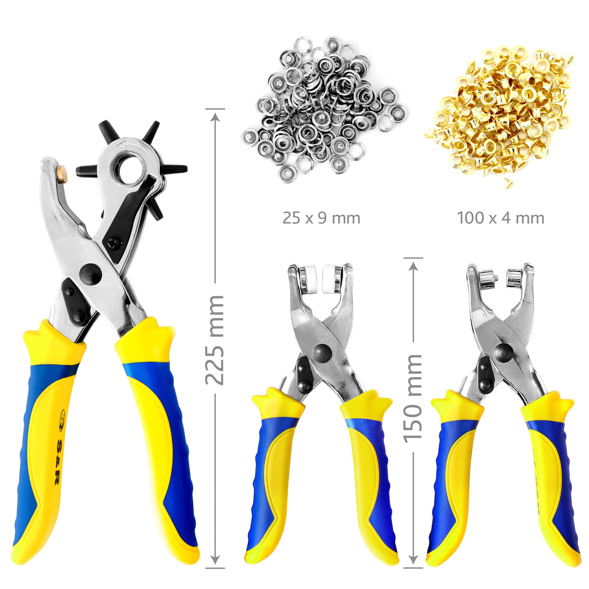 S&R Fustellatrice/Occhiellatrice/Perforatrice per Cuoio Buchi Cinture Pelle Jeans. Set con 3 Pinze + 100 occhielli (4mm) + 25 Bottoni borchie a pressione (9mm). Fustelle da 2/2,5/3/3,5/4/4,5 mm