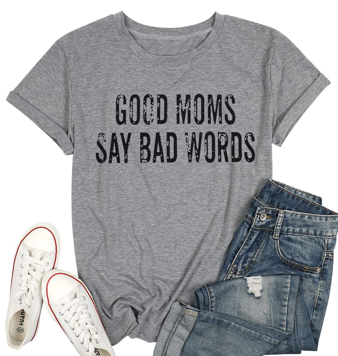 KNEYATTAGood Mom Say Bad Words T Shirt Mom Life Short Sleeve Shirts Mama Tshirt Women Funny Graphic Printed Casual Tee Tops