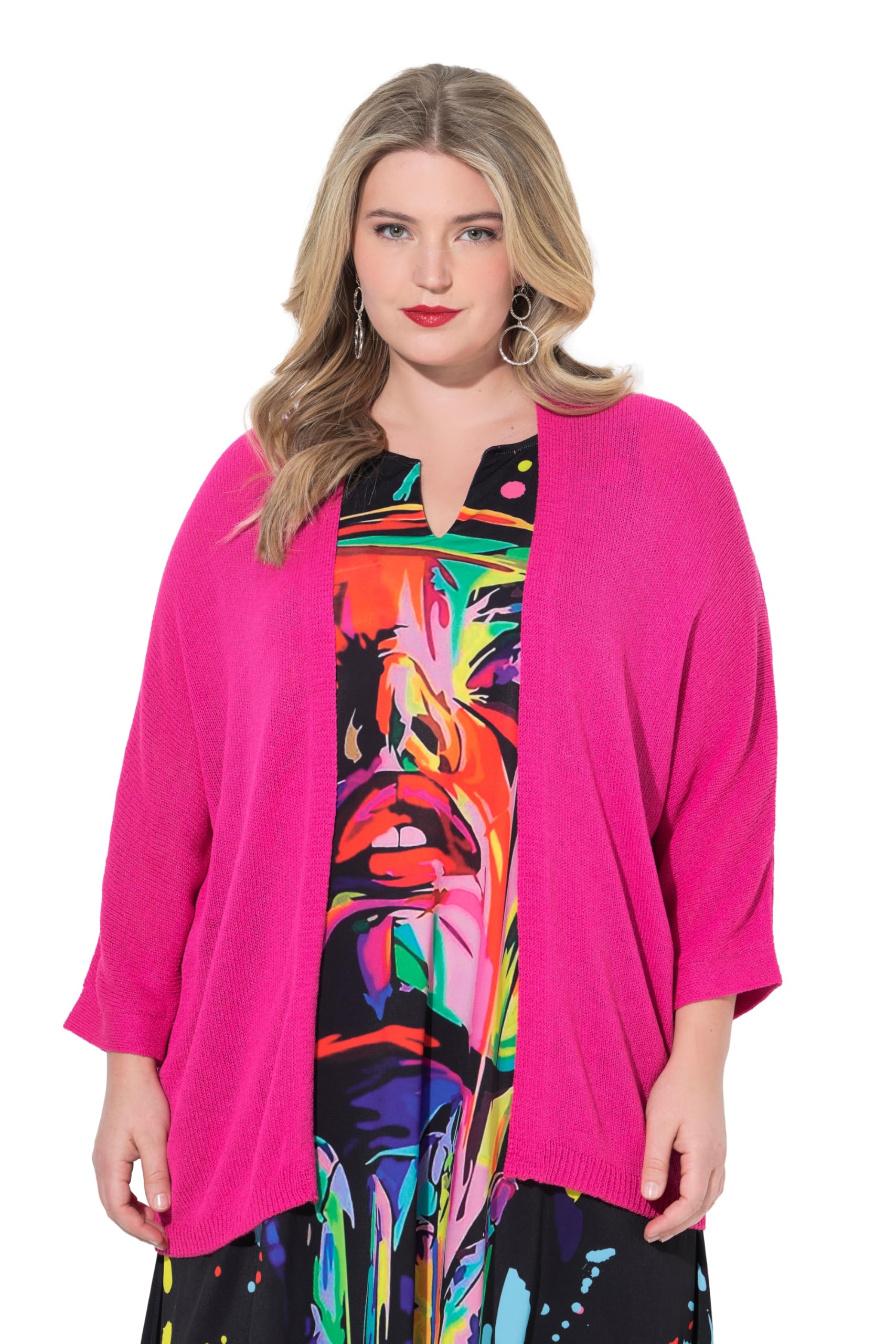 MIAMODA Damen große Größen Übergrößen Plus Size Strickjacke, offene Passform, 3/4-Fledermaus-Ärmel 849174