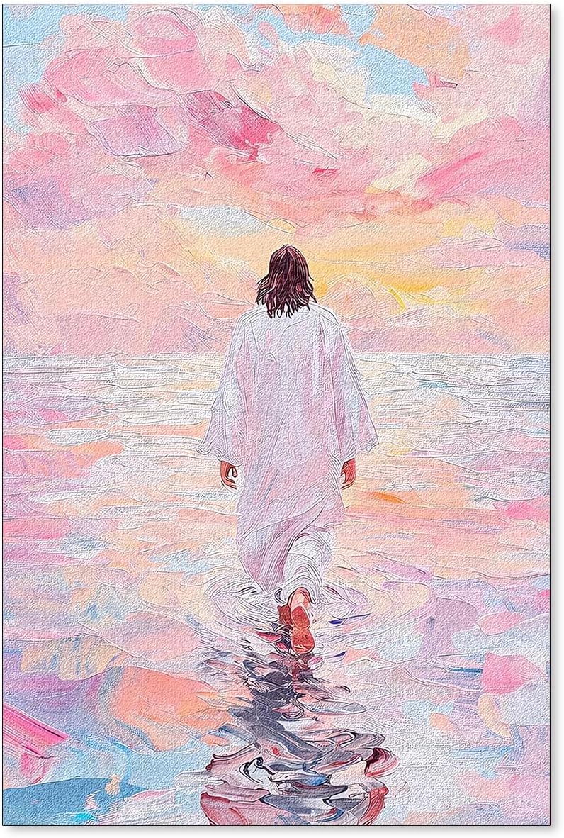 Jesus Walking On Water Pink Wall Art Religious Christian Oil Painting Canvas Poster Modern Aesthetic Artwork Decor for Bedroom Prayer Room Church 24X36 inch Unframed