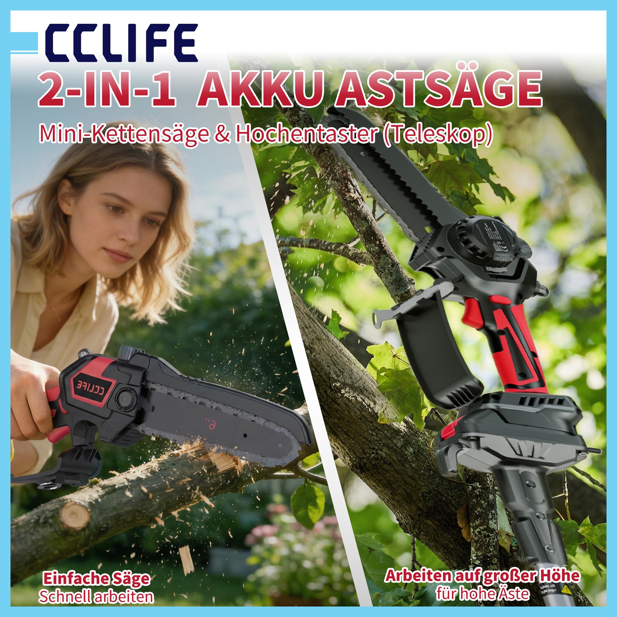 CCLIFE Mini piła łańcuchowa 2 w 1, z drążkiem teleskopowym 2 m, kompatybilna z Makita 18 V/20 V (bez akumulatora)