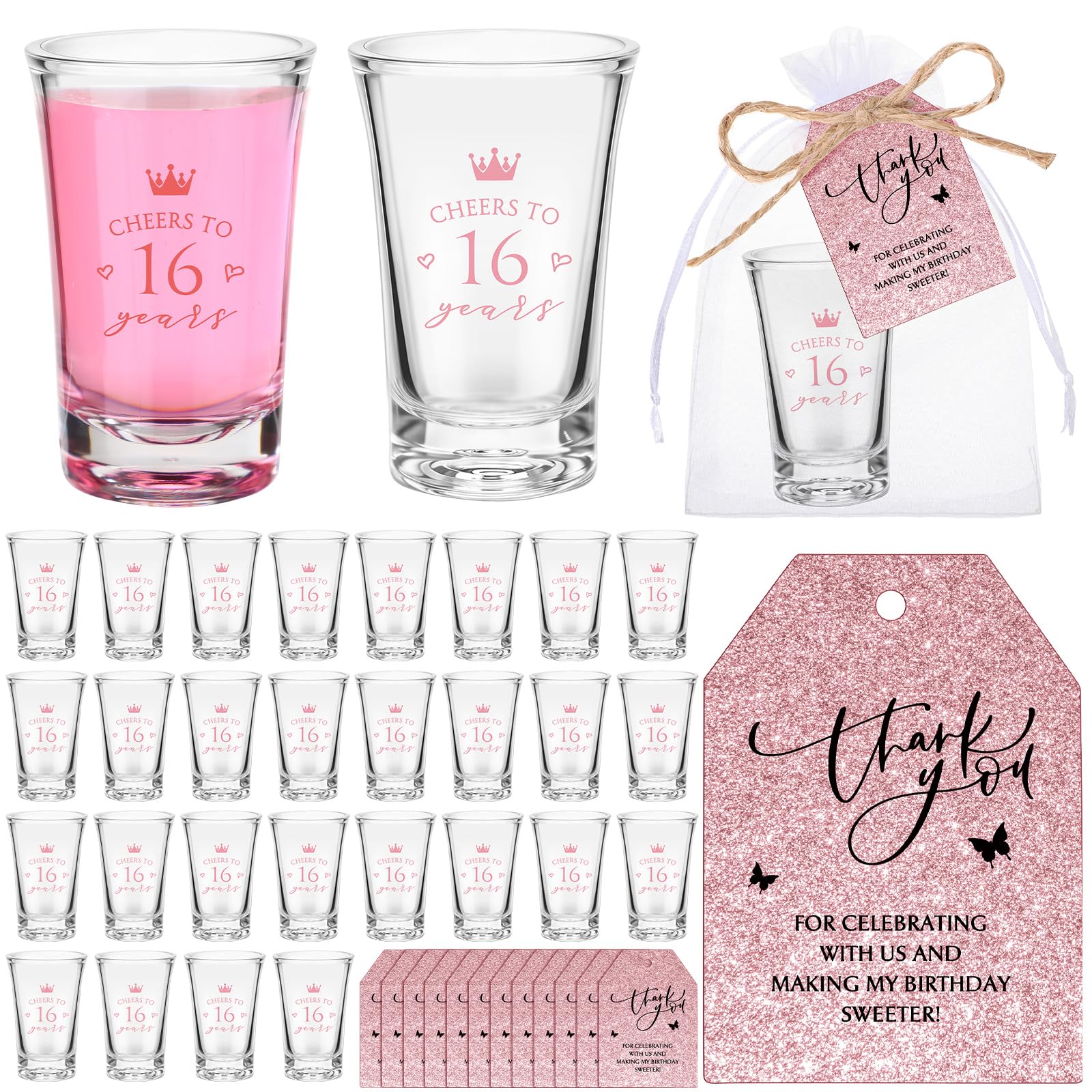 Kit cadeaux invités avec verres à liqueur or rose et pochons transparents
