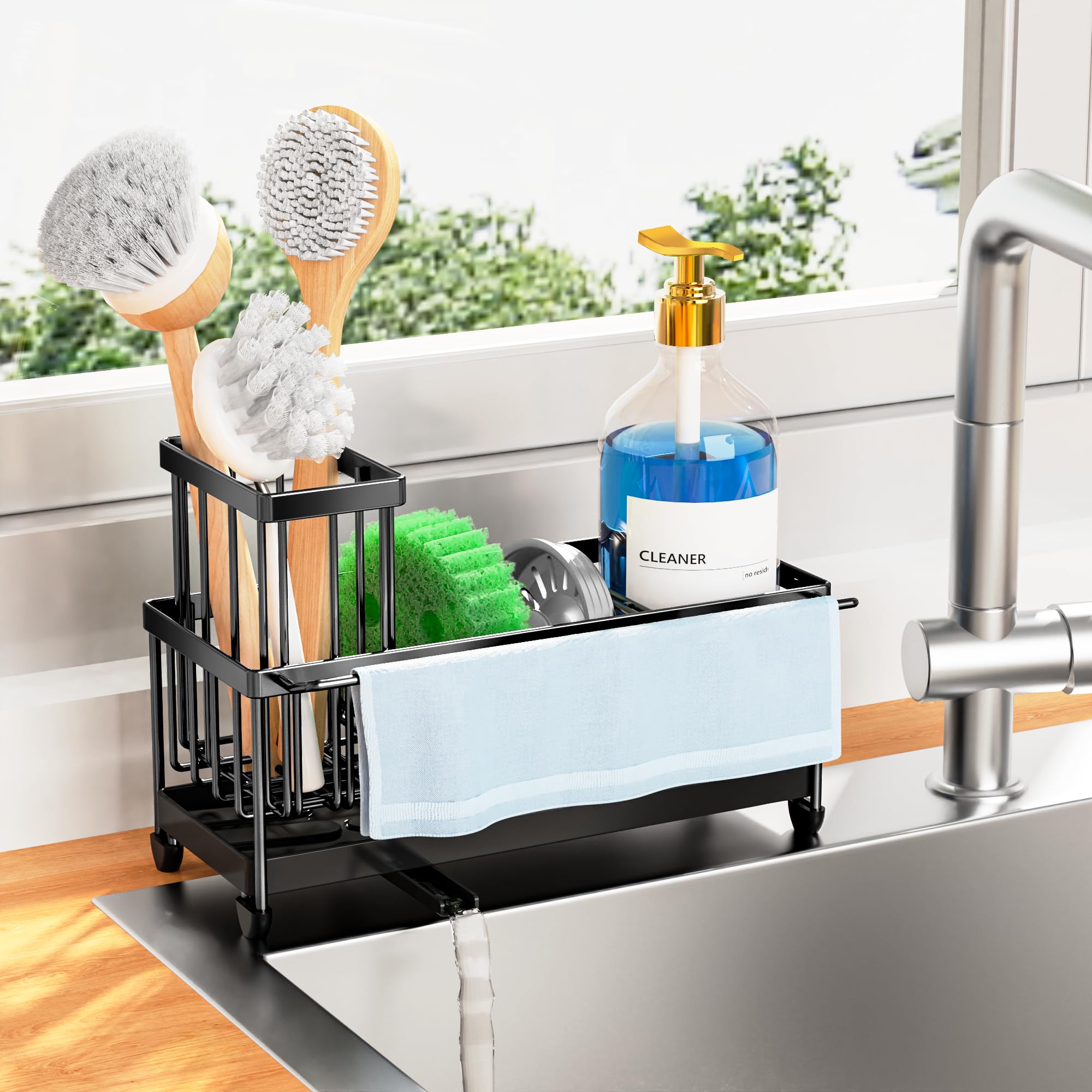 CisilySponge Holder for Kitchen Sink with Towel Rack, Sink Caddy with Kitchen High Brush Holder, Organzier Rustproof 304 Stainless Steel Dish Organizer Divider, Soap Dispenser Storage