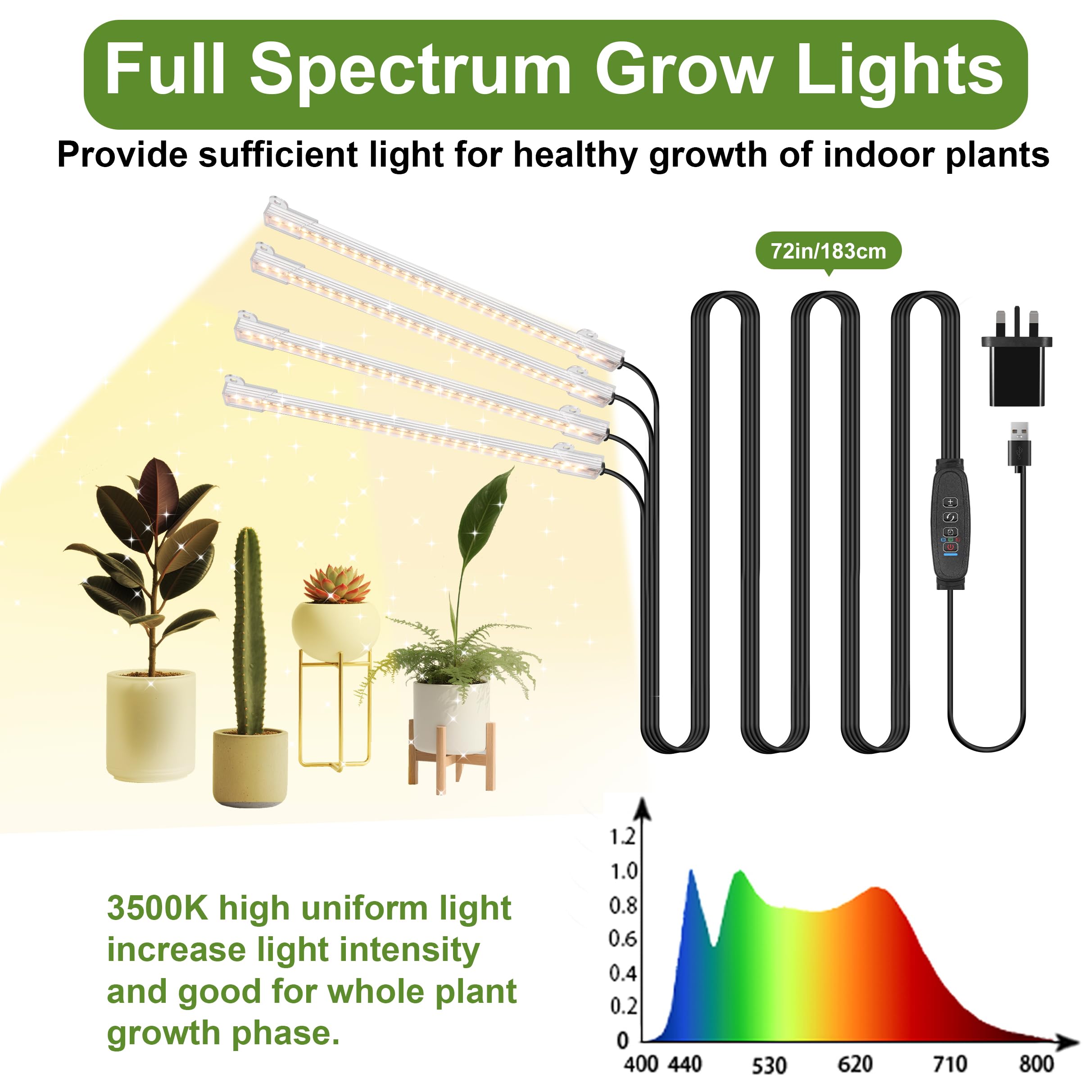 Tiras de luz LED de crecimiento de 8.6 pulgadas, espectro completo de 3500 K, luces de crecimiento para plantas de interior, 4 cabezales con temporizador de 3/9/12 horas, 10 niveles regulables