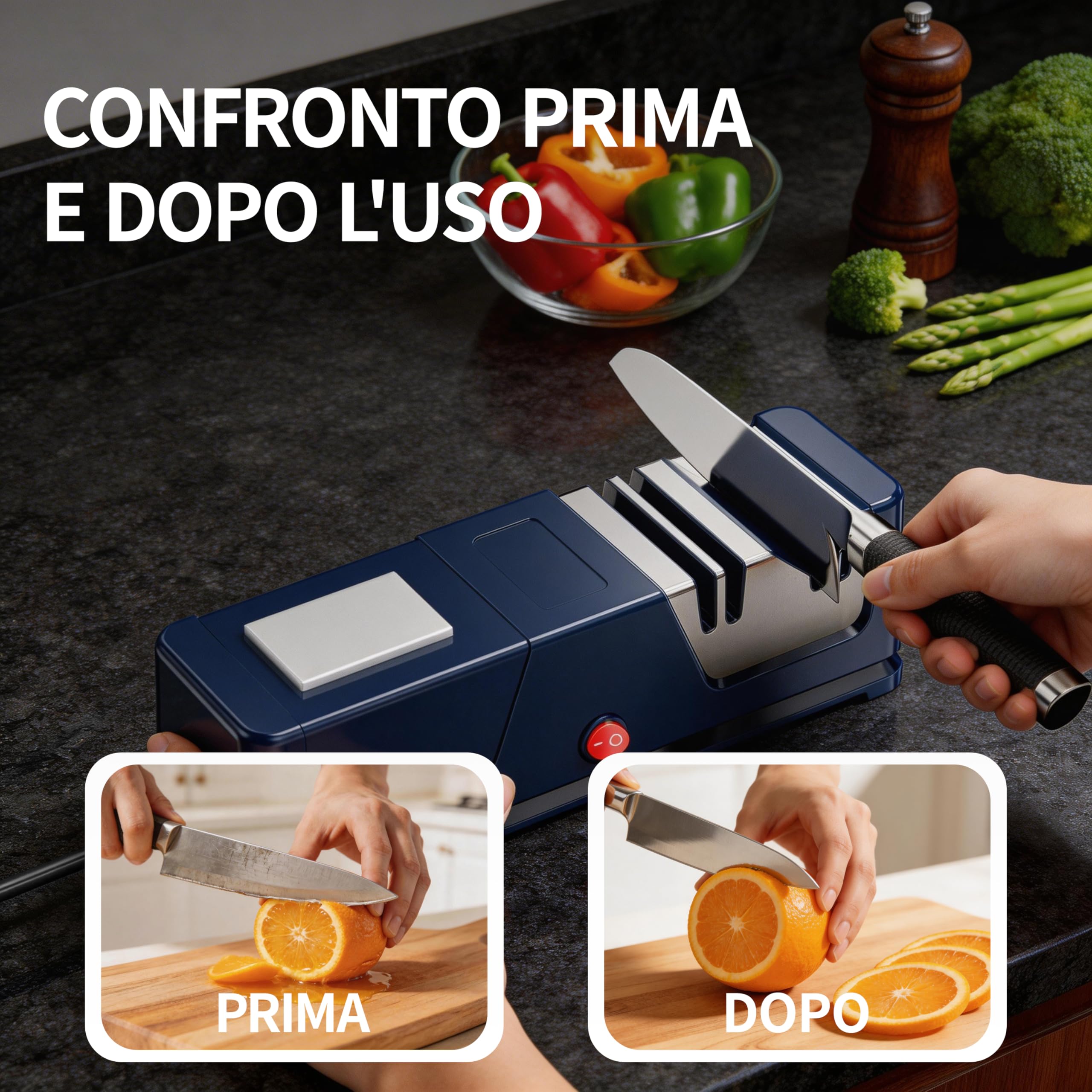 Affilacoltelli elettrico 5 in 1, rivestimento in diamante, Motore Silenzioso, Affilacoltelli da Cucina con Base Antiscivolo, Utensili da Cucina Sicuri e Facili da Usare (JU1)