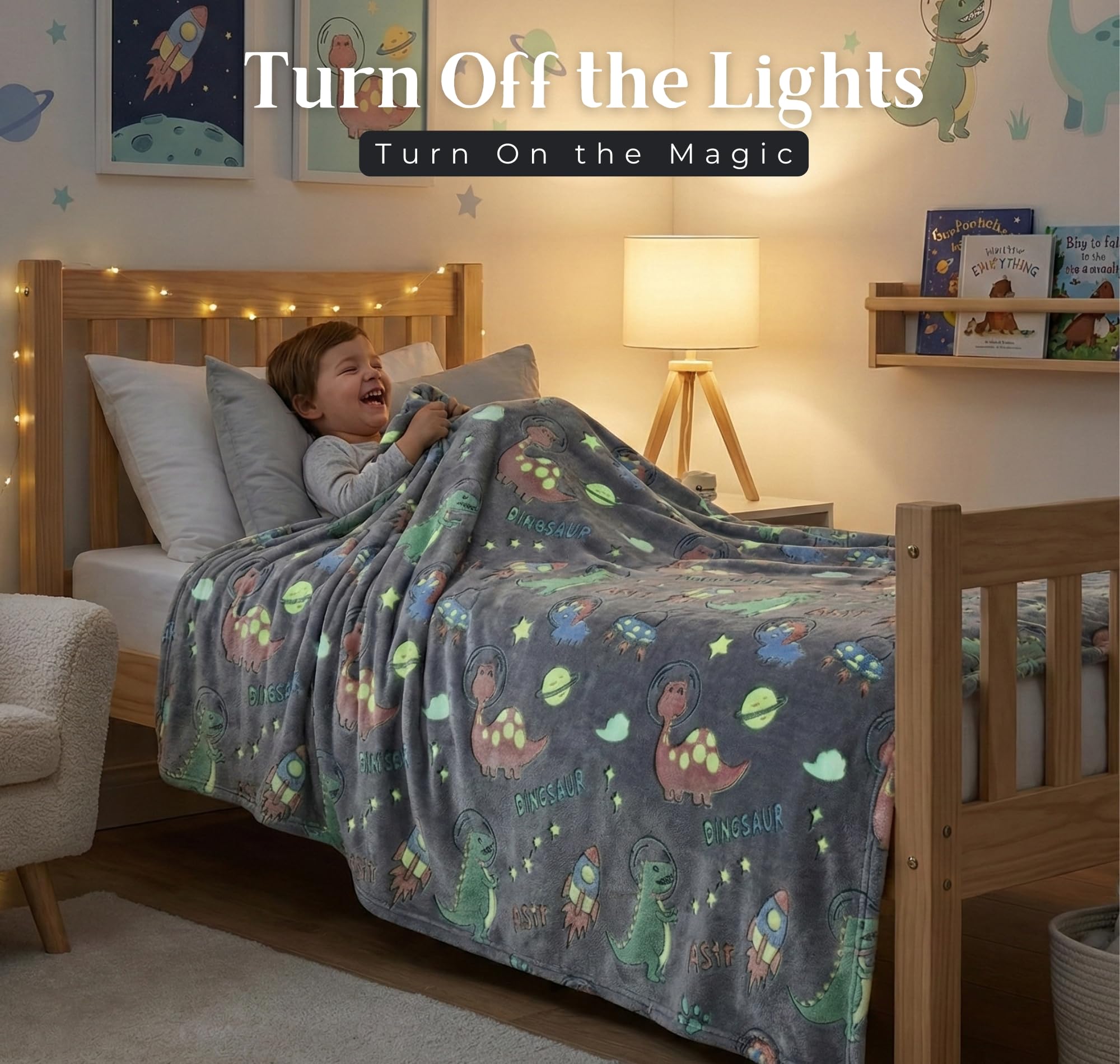 BSB HOME Glow in The Dark Kids Blanket, Soft Flannel Fleece Luminous Blanket for Boys & Girls, Cozy Lightweight Kids Throw for Bed β 42 x 60 in (107 x 152 cm) (Dinosaur & Space Theme - Charcoal Grey) 2