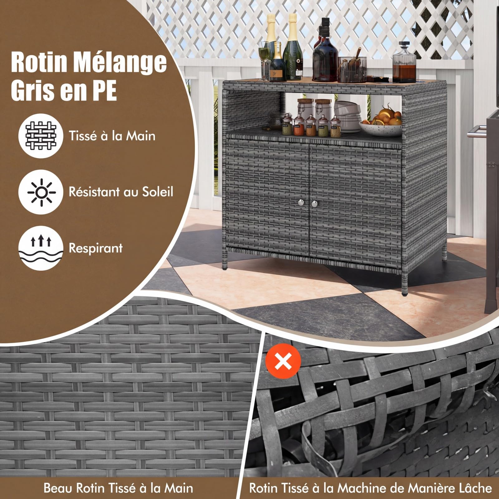 LIFEZEAL Buffet 4 Niveaux Rotin PE Armoire Bois d'Acacia Rangement Extérieur Intérieur 2 Portes 90x53x86 cm Gris