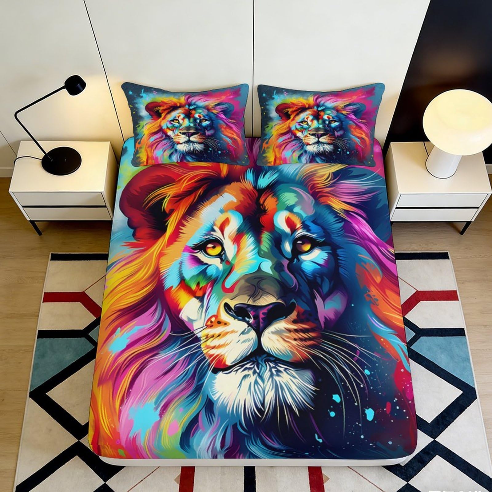 3D Printed Colorful Lion Fitted Sheet Microfiber Vibrant Lion Head Bed Cover for Bedroom Dormitory Guest Room Mattress Protection Decoration 140x200x25cm
