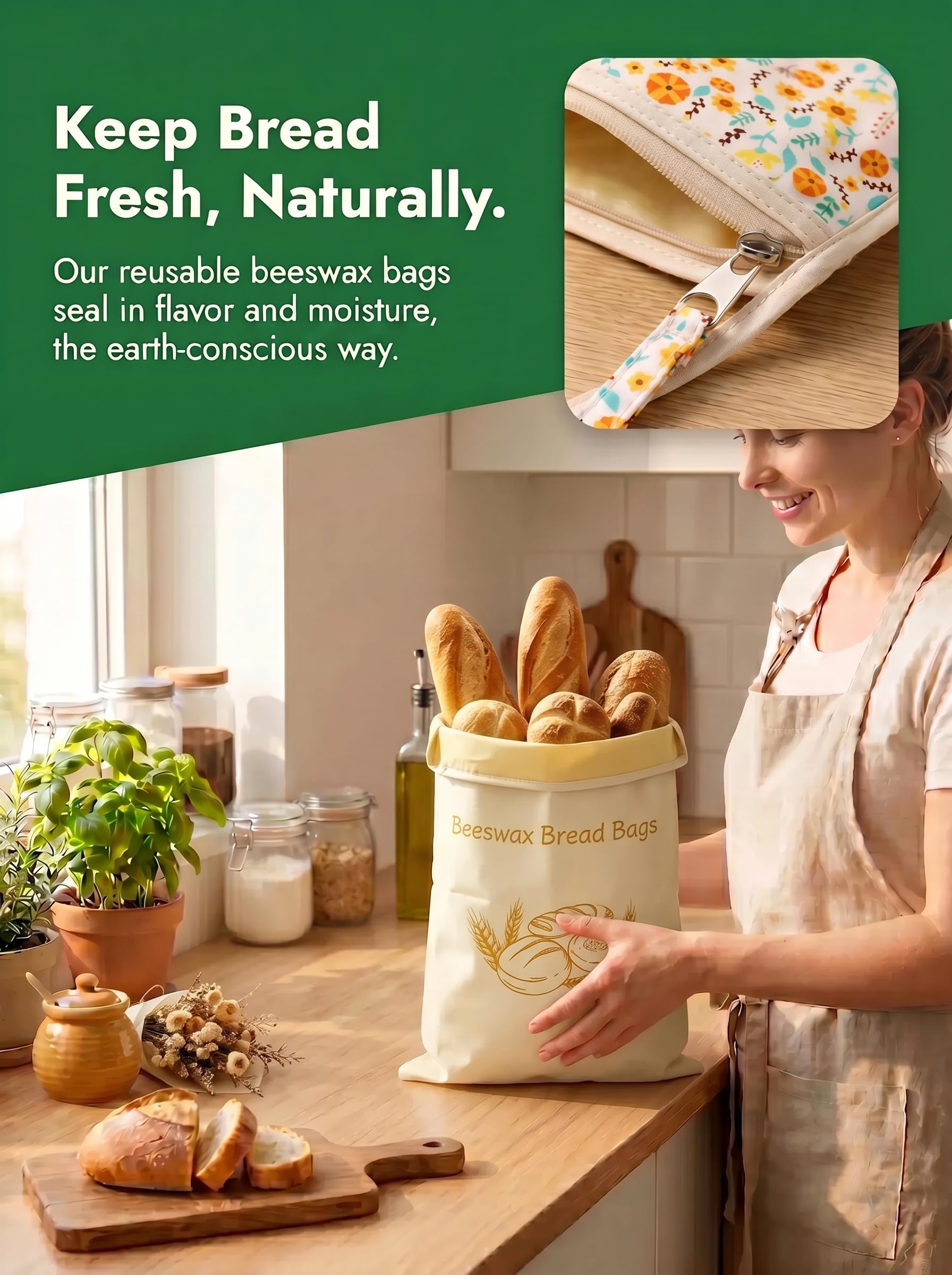 2 Sacchetti per il pane di cera d'api, 43×33 cm sacchetti di cotone rivestiti in cera d'api naturale, Riutilizzabili e per la conservazione di lievito e pane fatto in casa