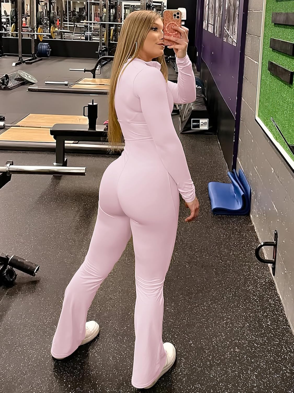 YEOREO Women Long Sleeve Flare Workout Jumpsuit Zip Up Romper Bottom Pants Wide Leg Bodysuit Bodycon Sexy One Piece - Image 4