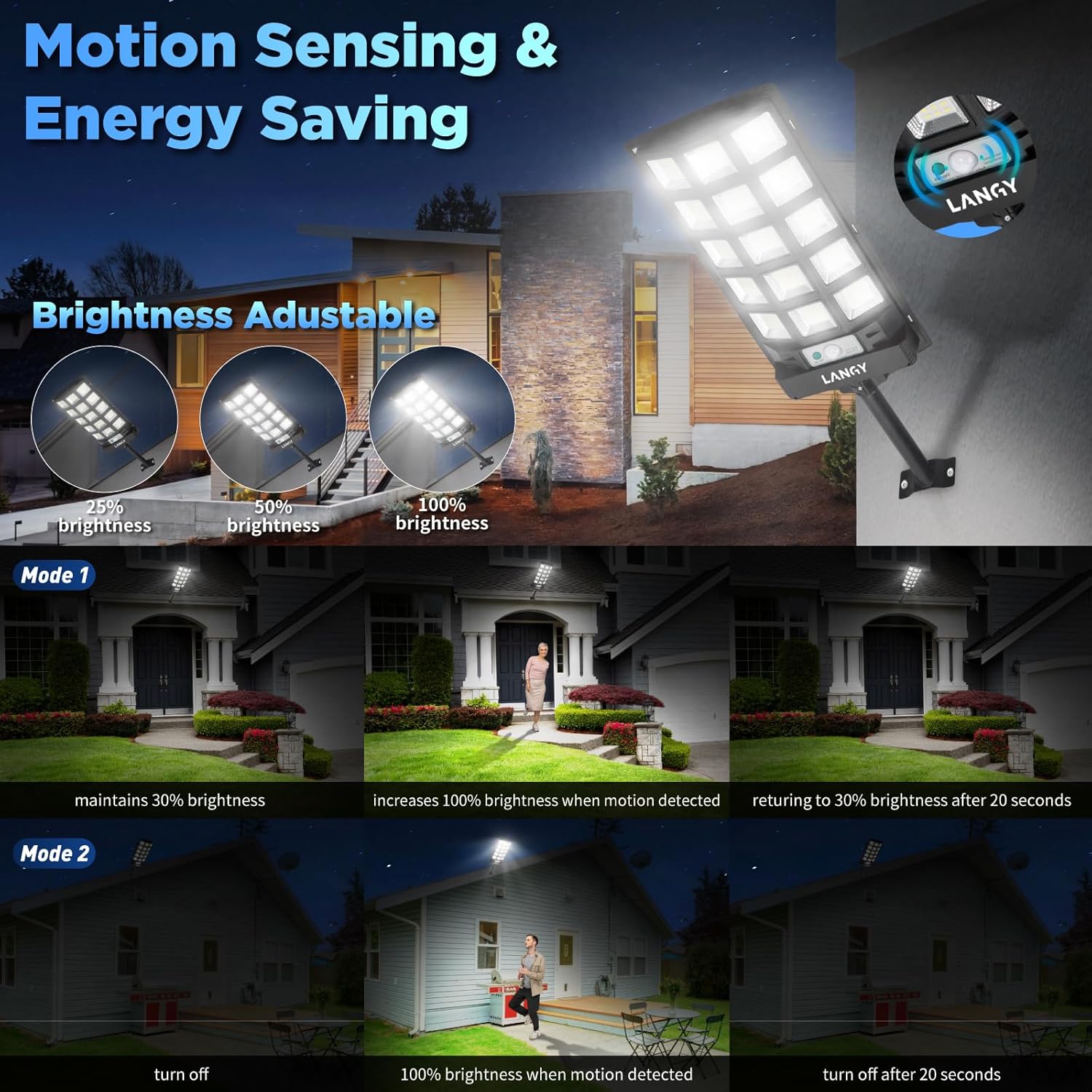 Solar Lights Outdoor Waterproof, 6500K Dusk to Dawn Solar Street Lights Outdoor Motion Sensor with Remote Control, LED Security Light for Outside Garden Yard Parking Lot, Oudoor Flood Lights, 2 Pack