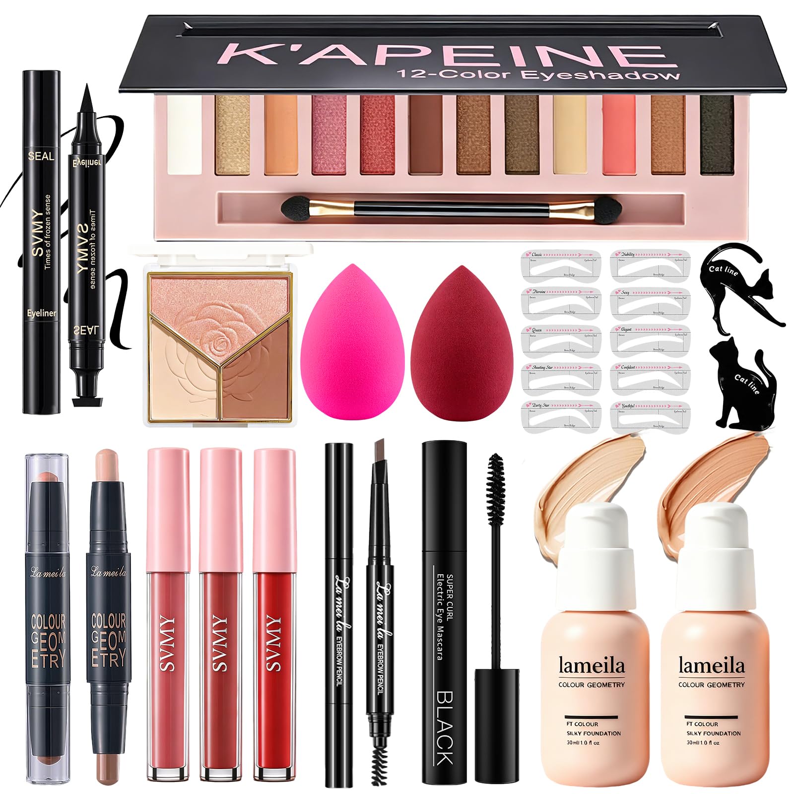 All in One Makeup Kit for Women Full Kit, Makeup Essential Bundle 12 Colors Eyeshadow Foundation Lipsticks Eyeliner Mascara Contour Powder Contour Stick Brow Pencil, Make Up Gift Set for Women & Teens Set B