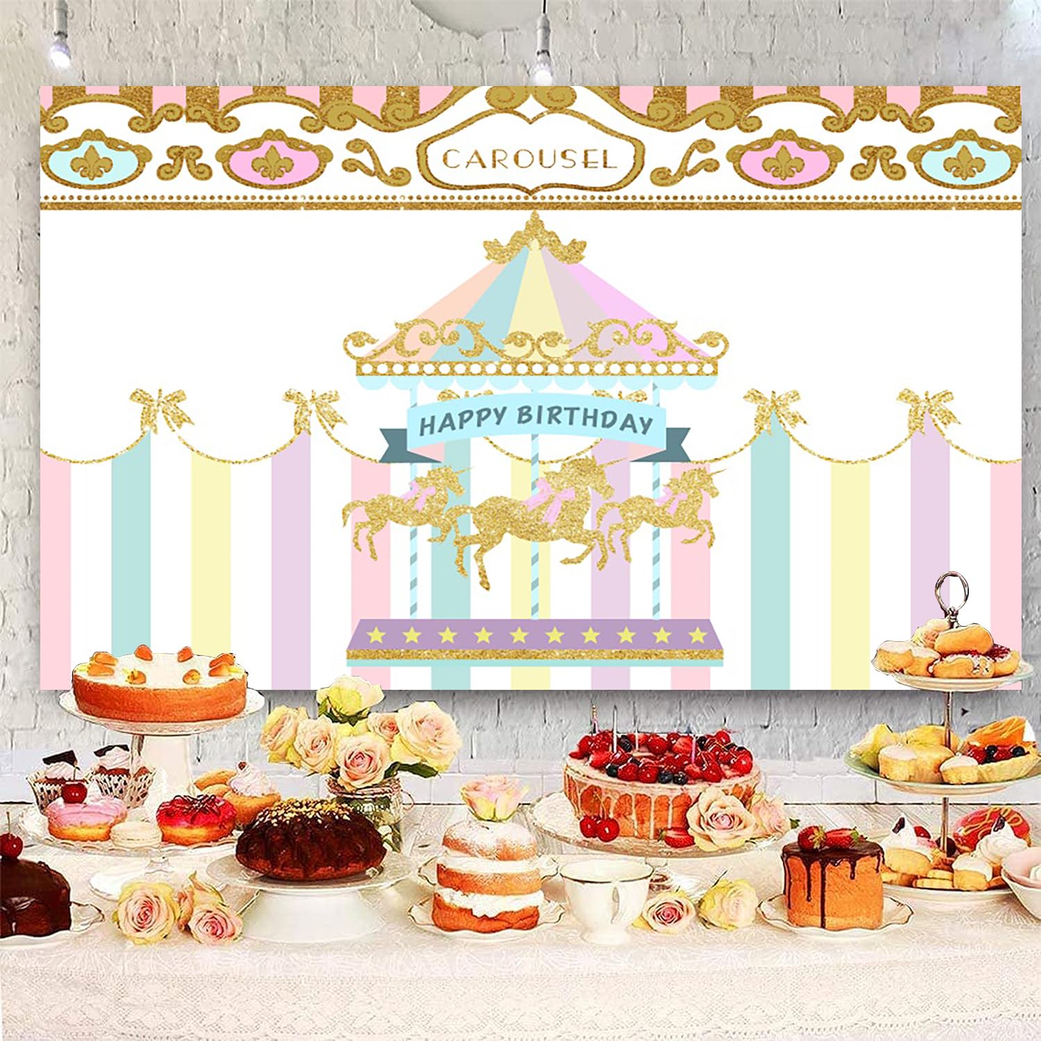 2,4 x 1,8 m Carousel Happy Birthday sfondo rosa striscia tenda oro giostra sfondo fotografia bambina 1 ° compleanno torta decorazioni tavolo forniture foto puntelli