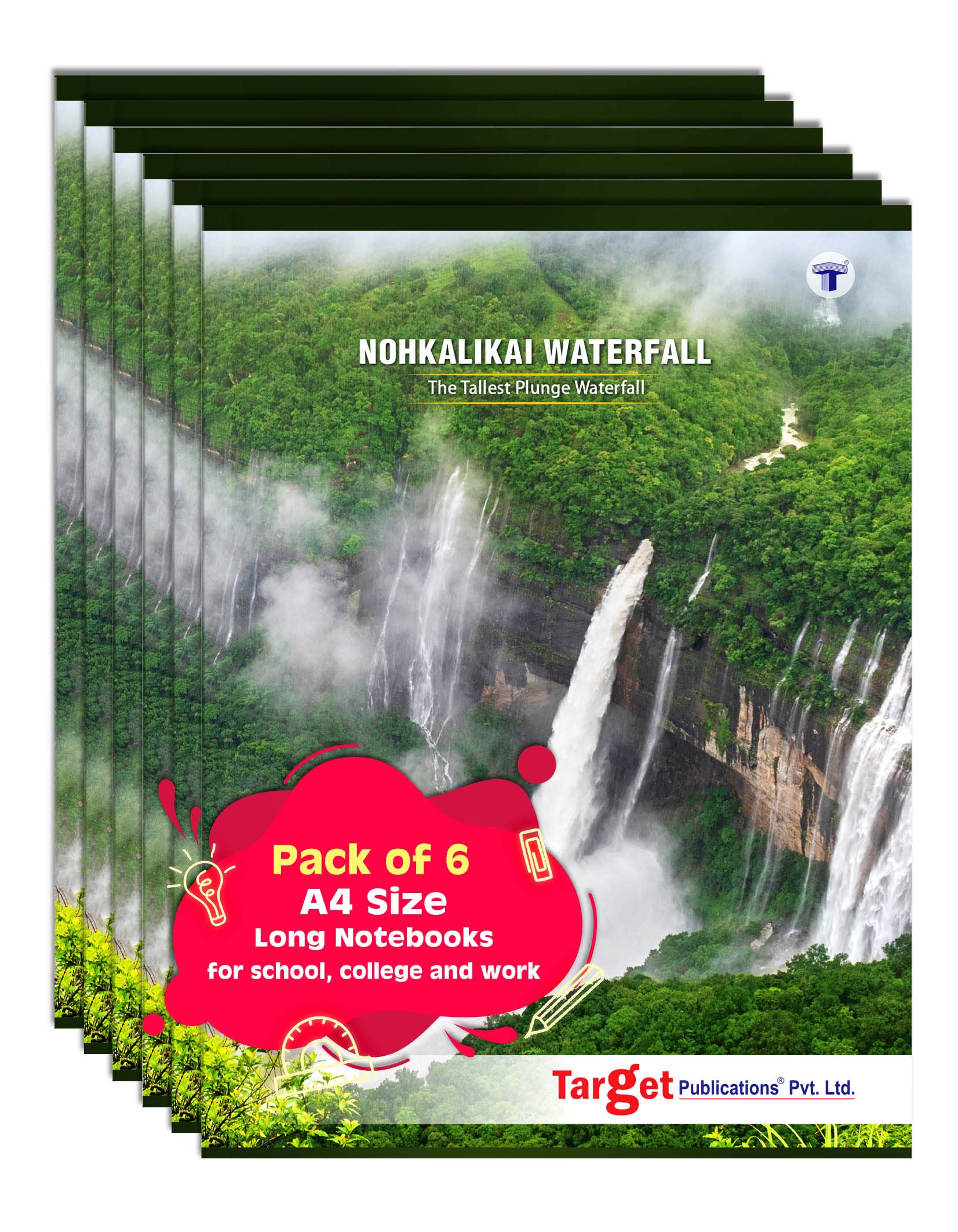 Rural Treasures Long Notebook A4 Size | Nohkalikai Waterfall | 164 Ruled Pages | 21 cm x 29.7 cm | Useful for School, College and Office | Set of 6