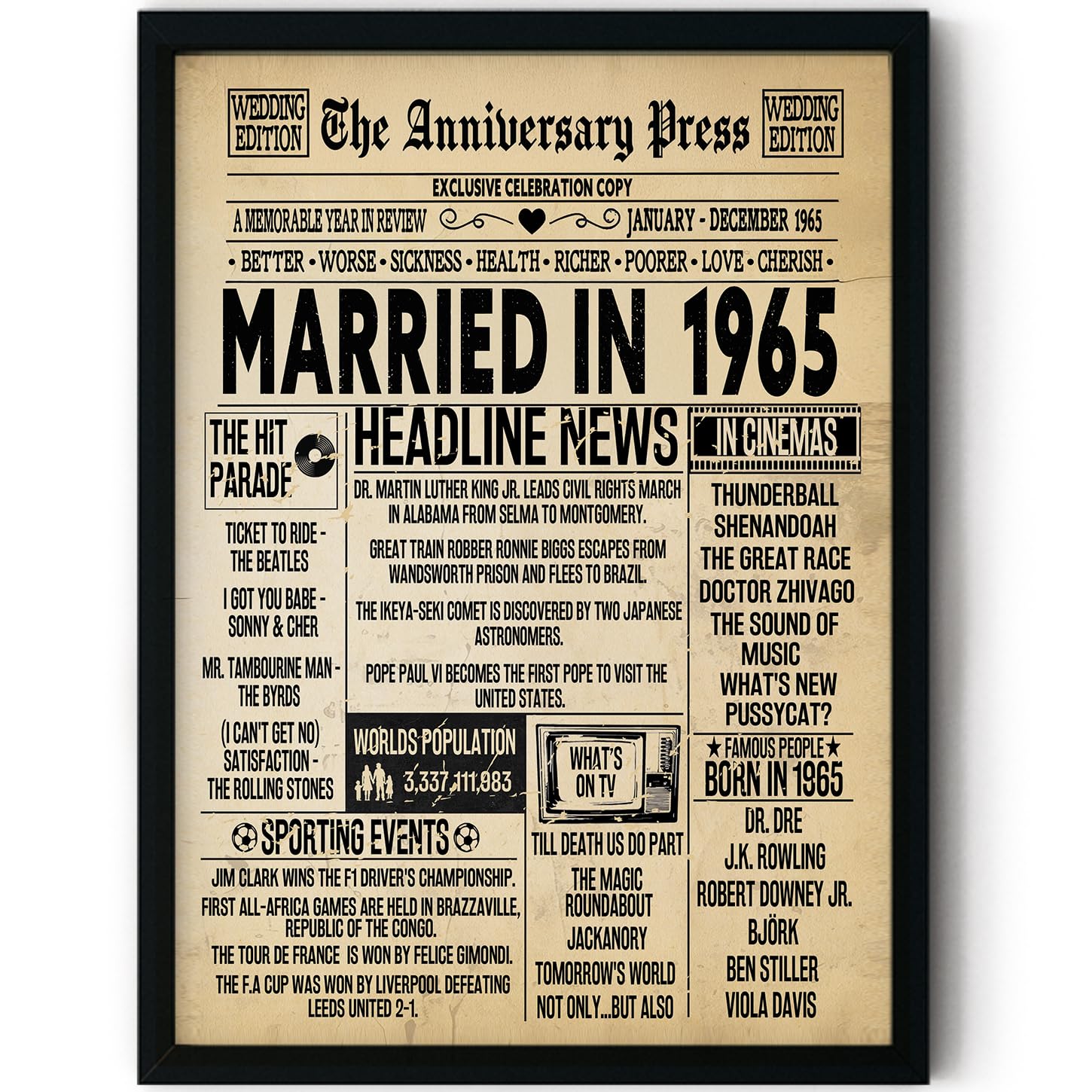 Stuff4 Men's 1965 61St Anniversary Poster Framed - Married In Newspaper - 61 Wedding Anniversary For Wo Retro Vintage Gifts Back In 8X10 Inch Anniversaries Posters