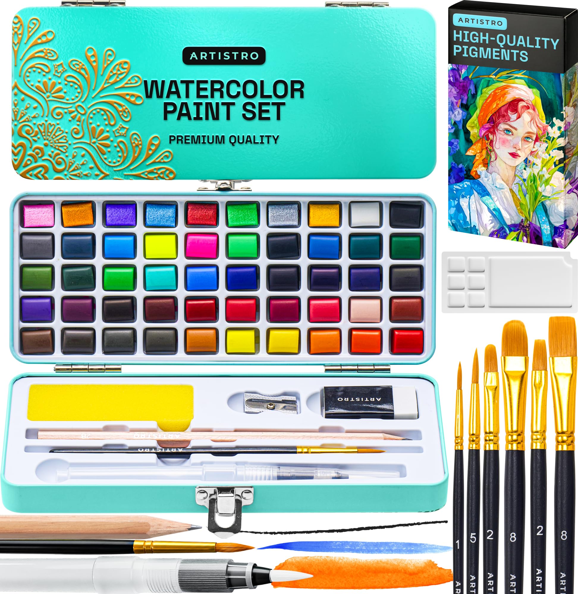 Watercolor Paint Set, 48 Vivid Colors in Portable Box, Including Metallic and Fluorescent Colors. Perfect Travel Watercolor Set for Artists, Amateur Hobbyists and Painting Lovers
