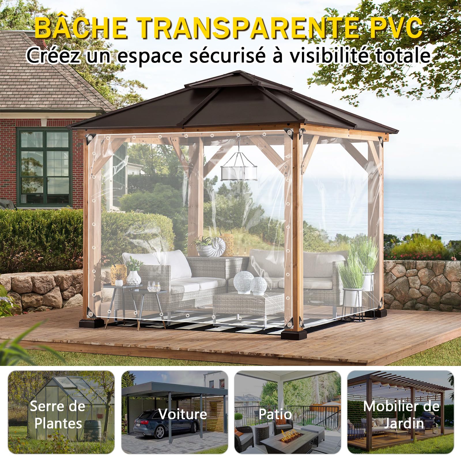 Bâche de Protection Exterieur, 420 g/m² 3 x 4 m Imperméable Bâche Transparente avec Œillets, Bâches Résistante aux Intempéries avec Corde et Serrecâbles, pour Meubles de Jardin, Ferme, Voiture, Bassin