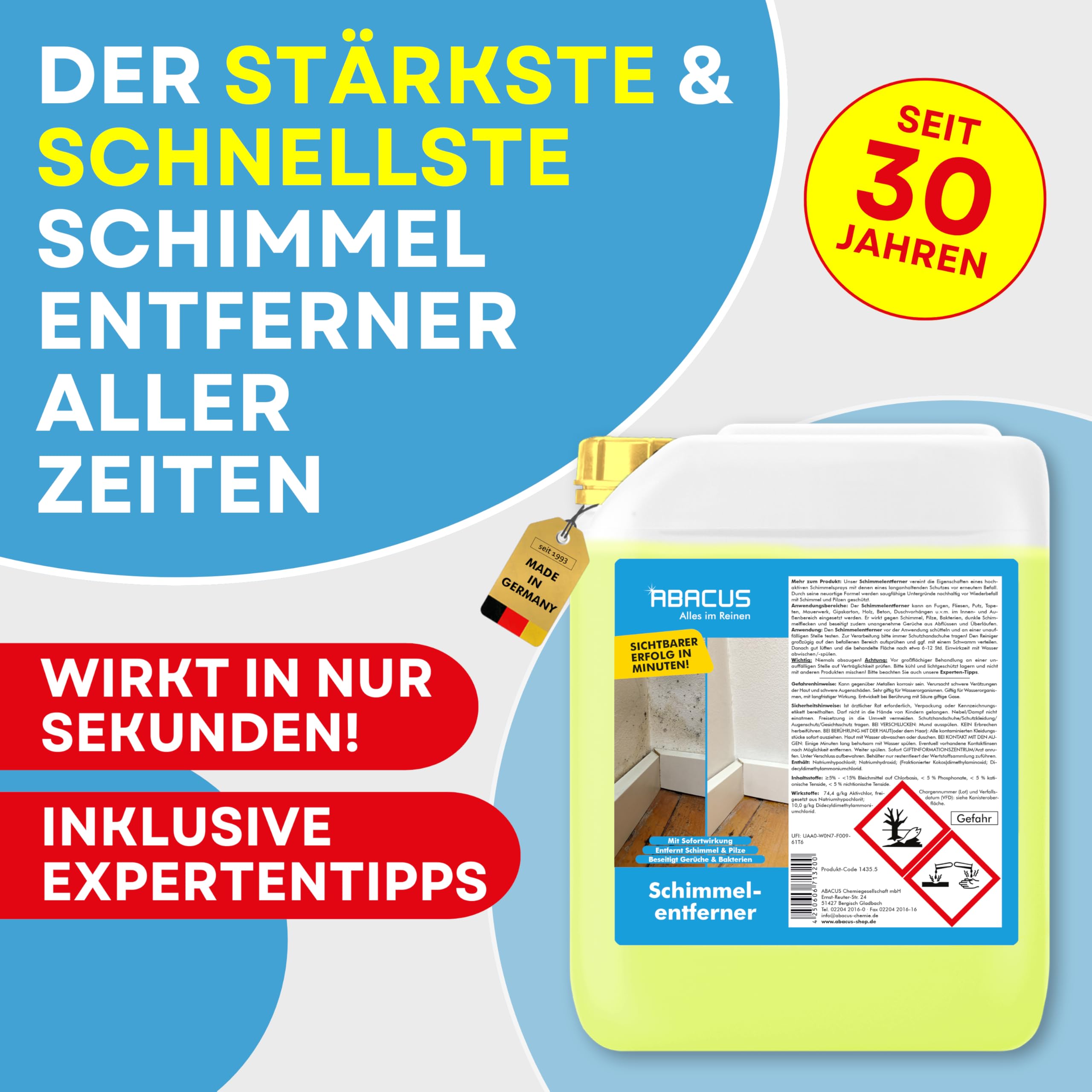 ABACUS® Schimmelentferner, Schimmelspray für Wand & Bad, Schimmelstop mit Langzeitwirkung, Schimmelmittel, Schimmel-Blocker, Schimmel-Entferner, Anti-Schimmel – Schimmelentferner 5 Liter