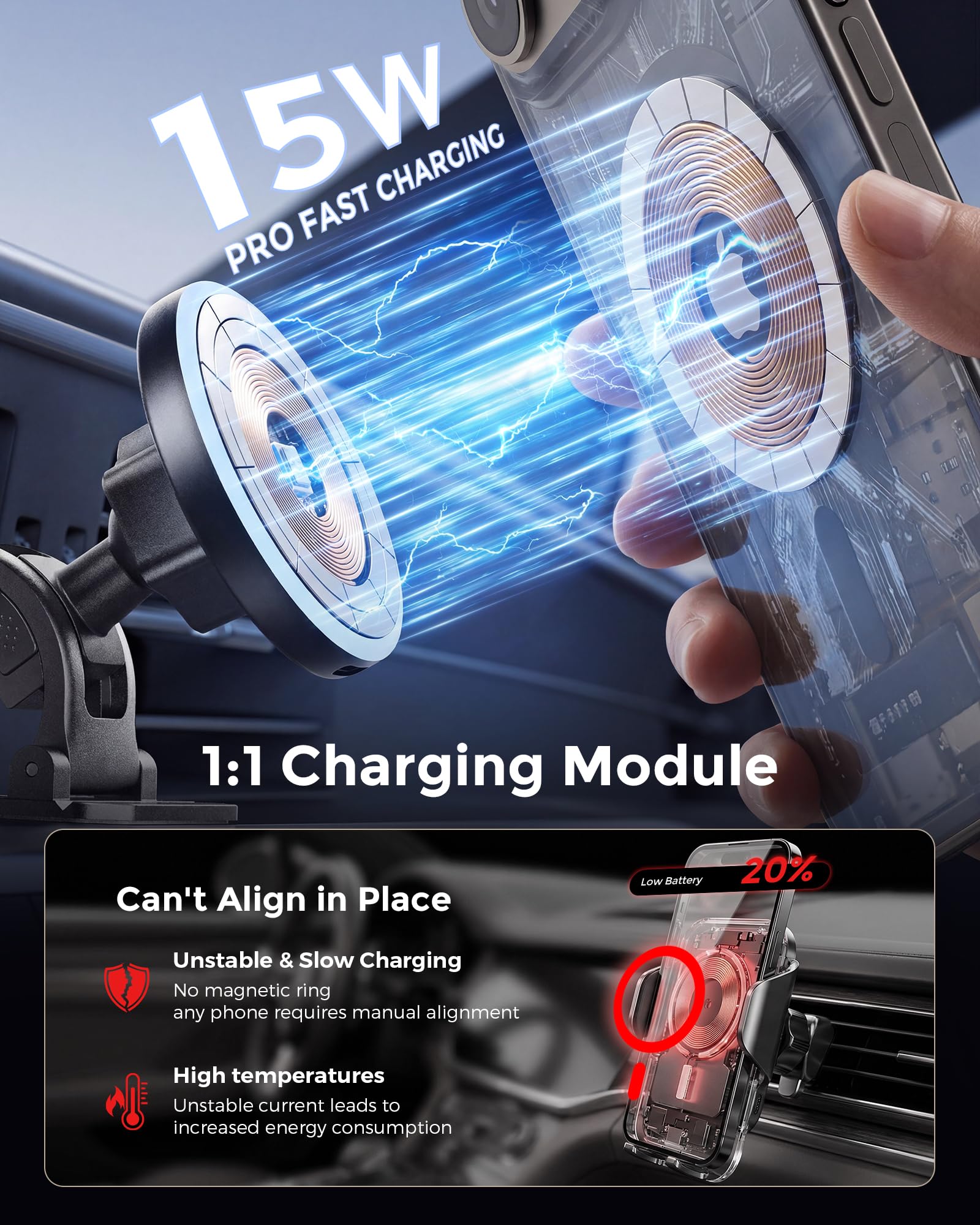 Estbuc 2-in-1 15W Magsafe Car Mount Charger, Magnetic Wireless Car Charger, 360° Dashboard & Air Vent Phone Mount, Phone Holders for Your Car, Car Accessories for Men Women for iPhone 17-12 - 4