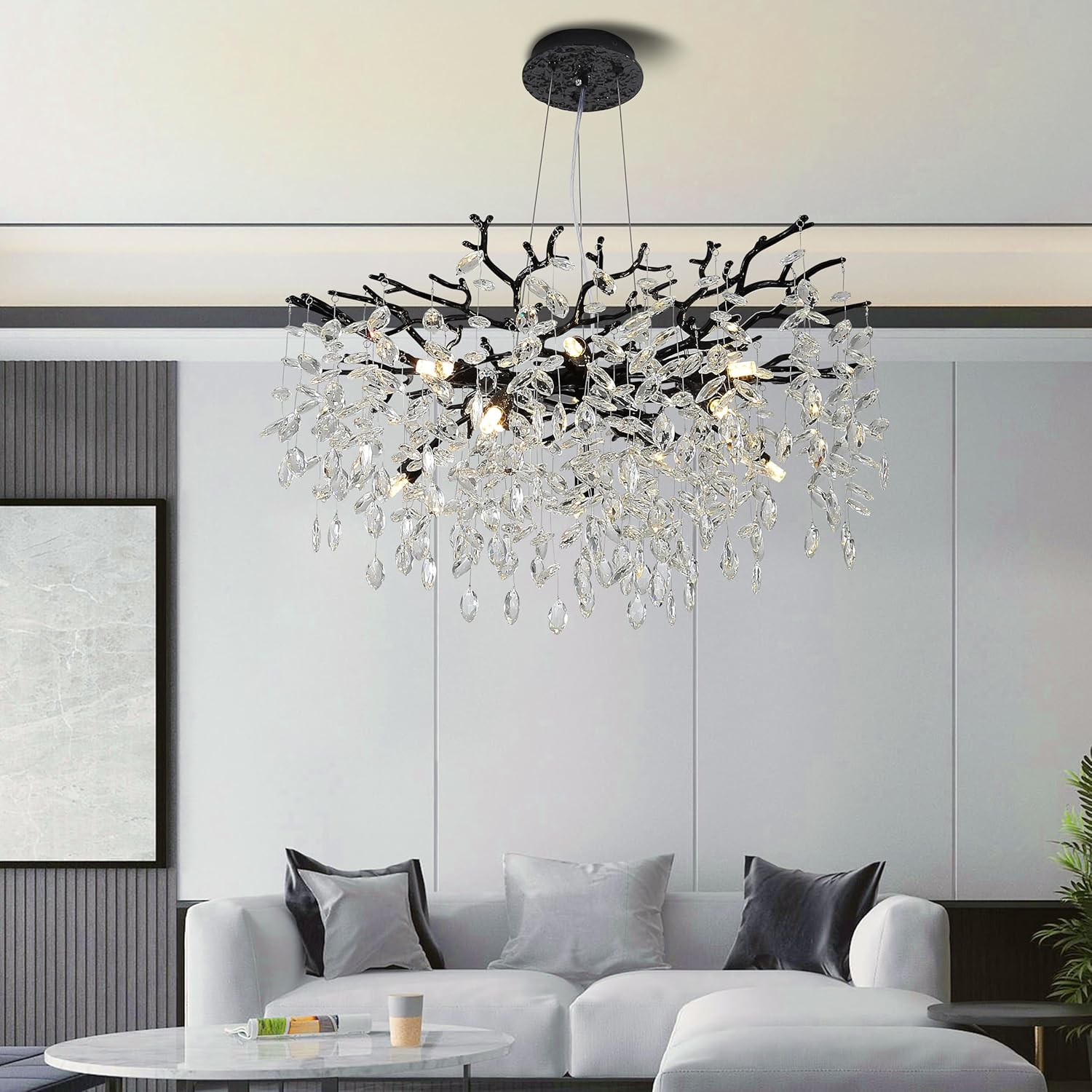 Modern Crystal Tree Branches Chandelier, 30in Black 10 Lights Large Ceiling Hanging Light for Dining Room, Round Raindrop Pendant Light Fixture
