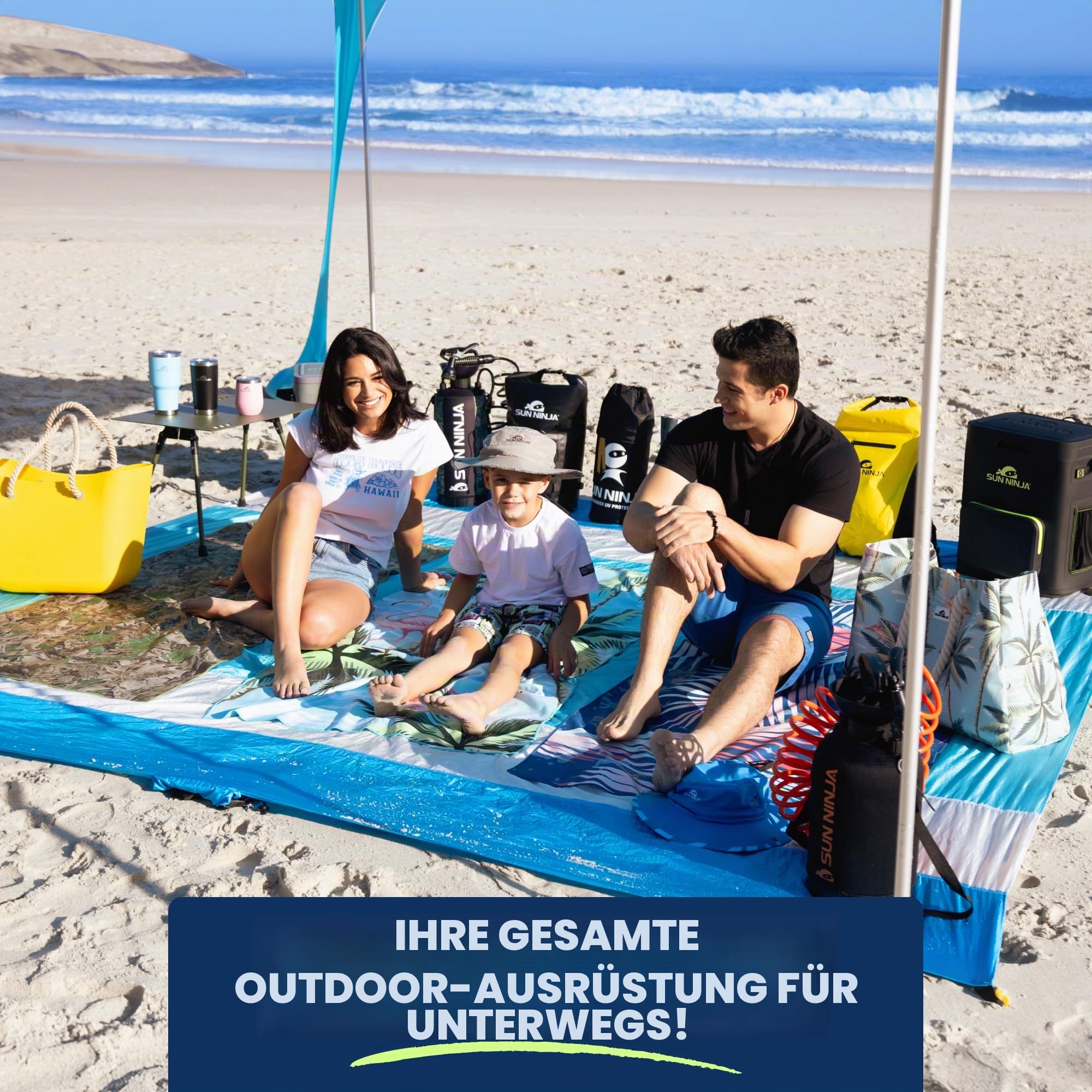 SUN NINJA Strandzelt, Sonnensegel LSF 50+, mit Sandschaufel, Heringen und Stabilitätsstangen, Schattensegel für draußen für Campingausflüge, Angeln, Spaß im Garten oder Picknicks