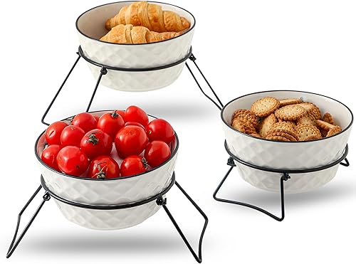 XINLTC Soporte para servir de 3 niveles con estante de metal plegable, cuencos de 3 niveles para servir alimentos, soporte de exhibición para