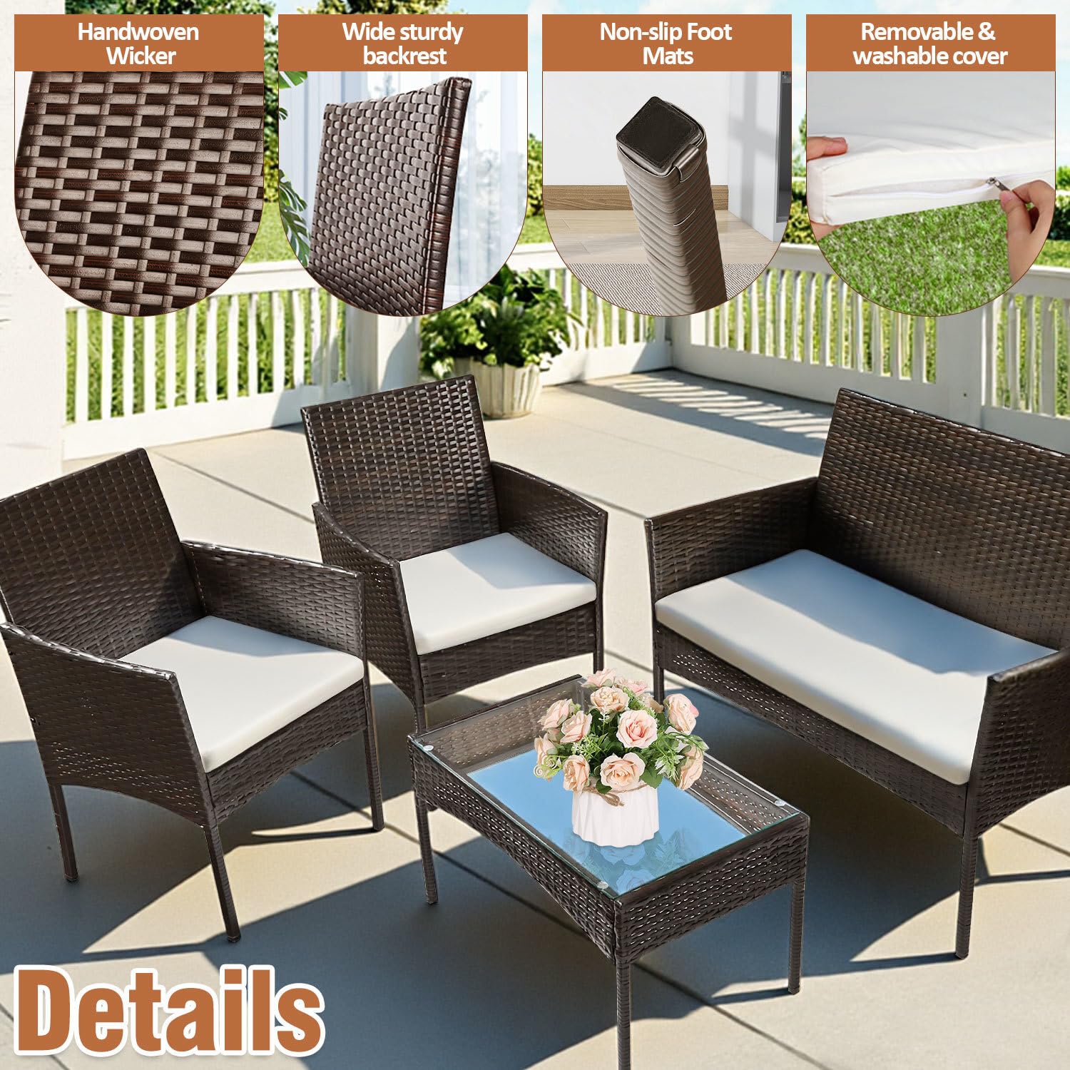 gruppo di sedute in polyrattan di mobili da giardino 7 pezzi, mobili da terrazza per 4 persone, incl. cuscini e tavolo, per giardino patio esterno, marrone