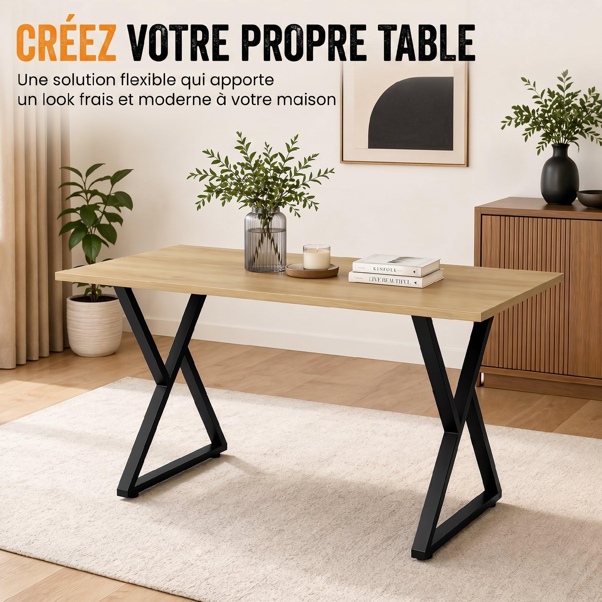 HOMCOM Pieds de Table en Acier, 60 x 72 cm, Lot de 2 Pieds de Bureau en Forme X, Bricolage à Domicile, avec Patins Réglables et Vis, Style Industriel, Noir