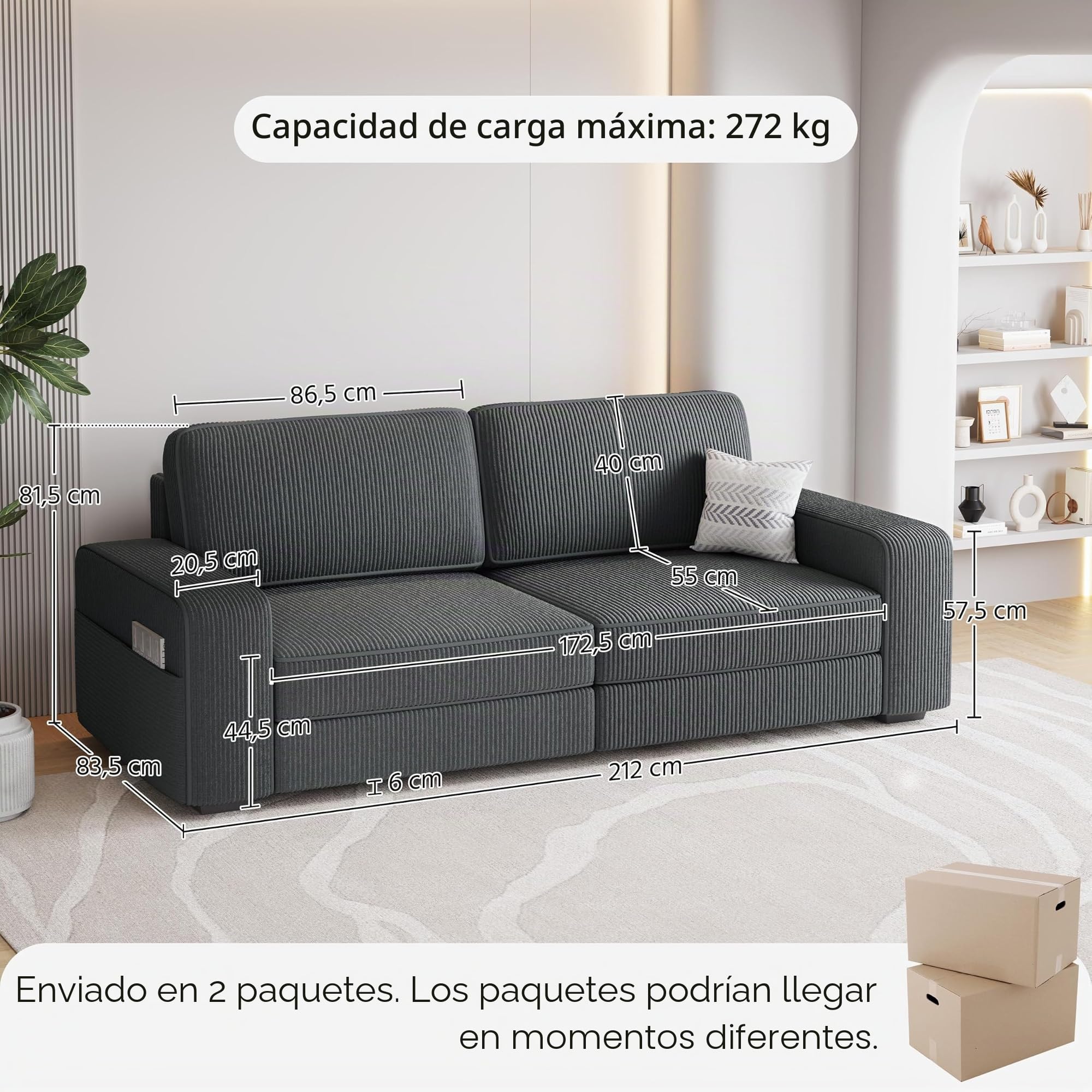Yaheetech Sofá de 2 Plazas Tapizado de Pana con Cojines Extraíbles Gris | Sofá de 2 Plazas 212 X 81 cm, Capacidad Max Carga 272 KG, Cojines Extraíbles, Estilo Moderno, Bolsa Lateral